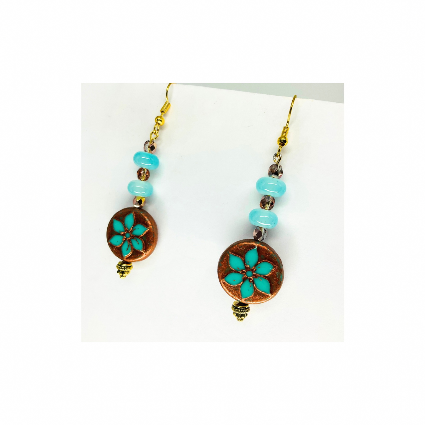 Dangle Earrings Bronze Round Blue Flower with Bead Accent