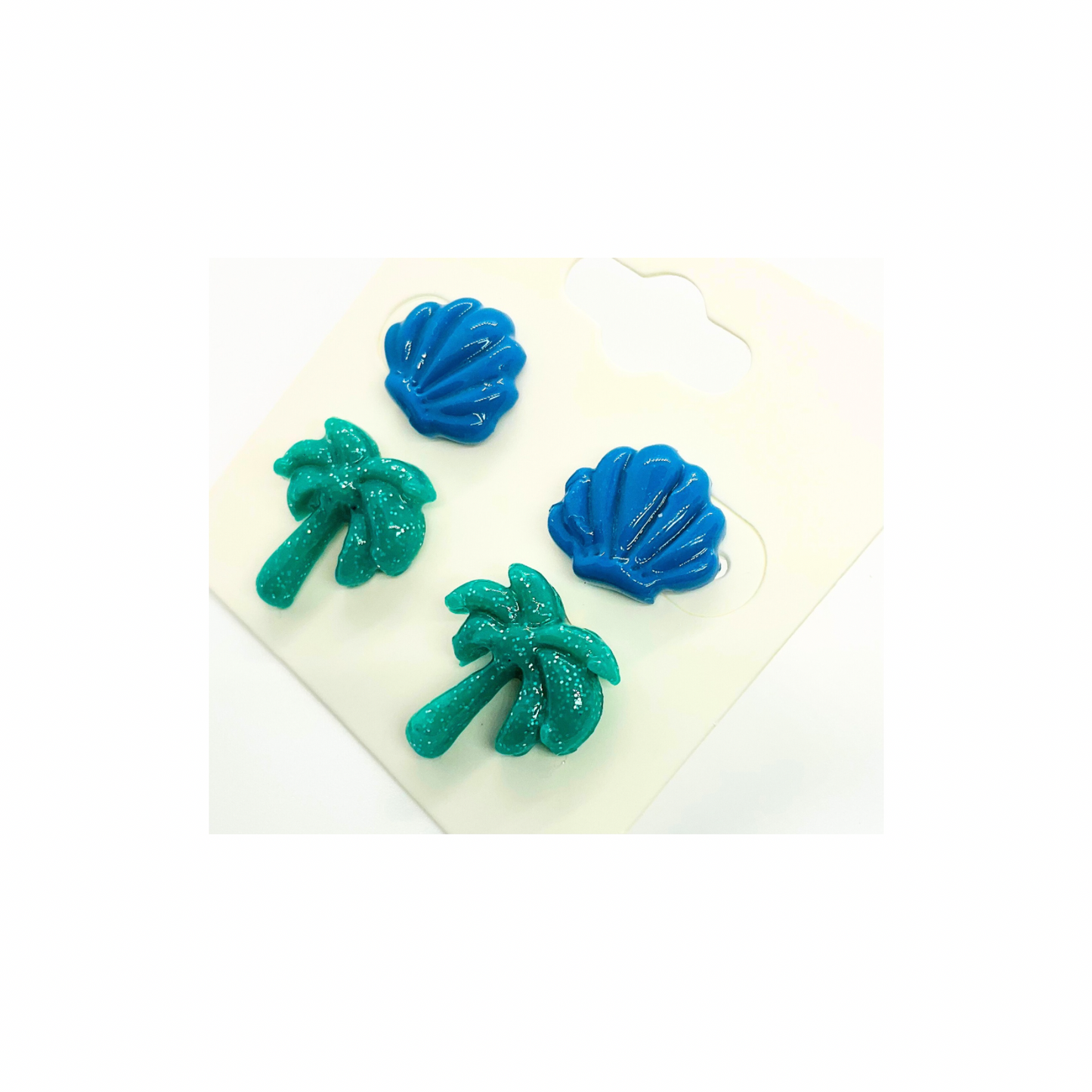 Ocean Collection Blue Shells & Green Palm Tree Stud Earrings - Unique Design Jewelry for Women