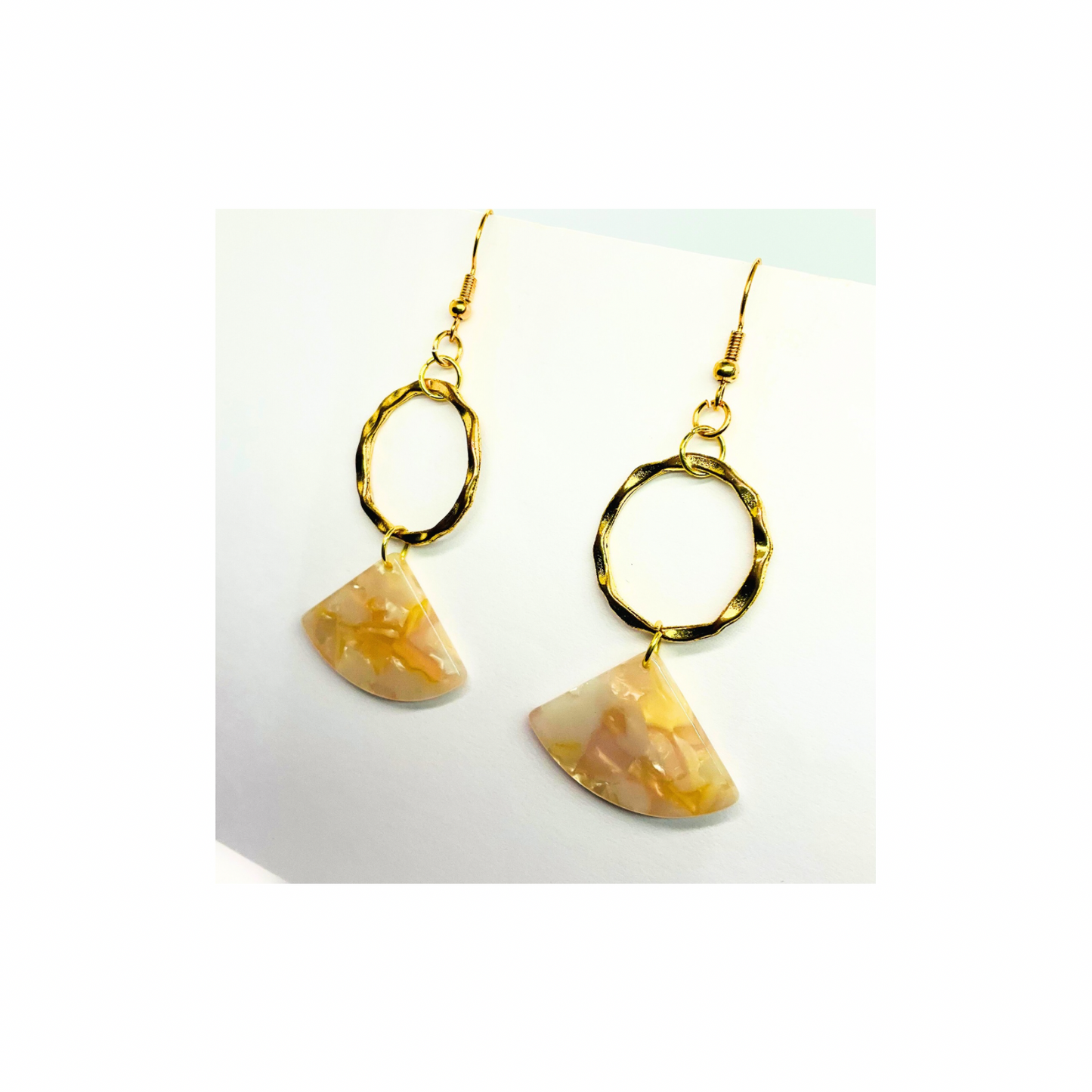 Tortoise Collection Cream Fan Style with Gold Circle Earrings - Unique Design Jewelry Accessory