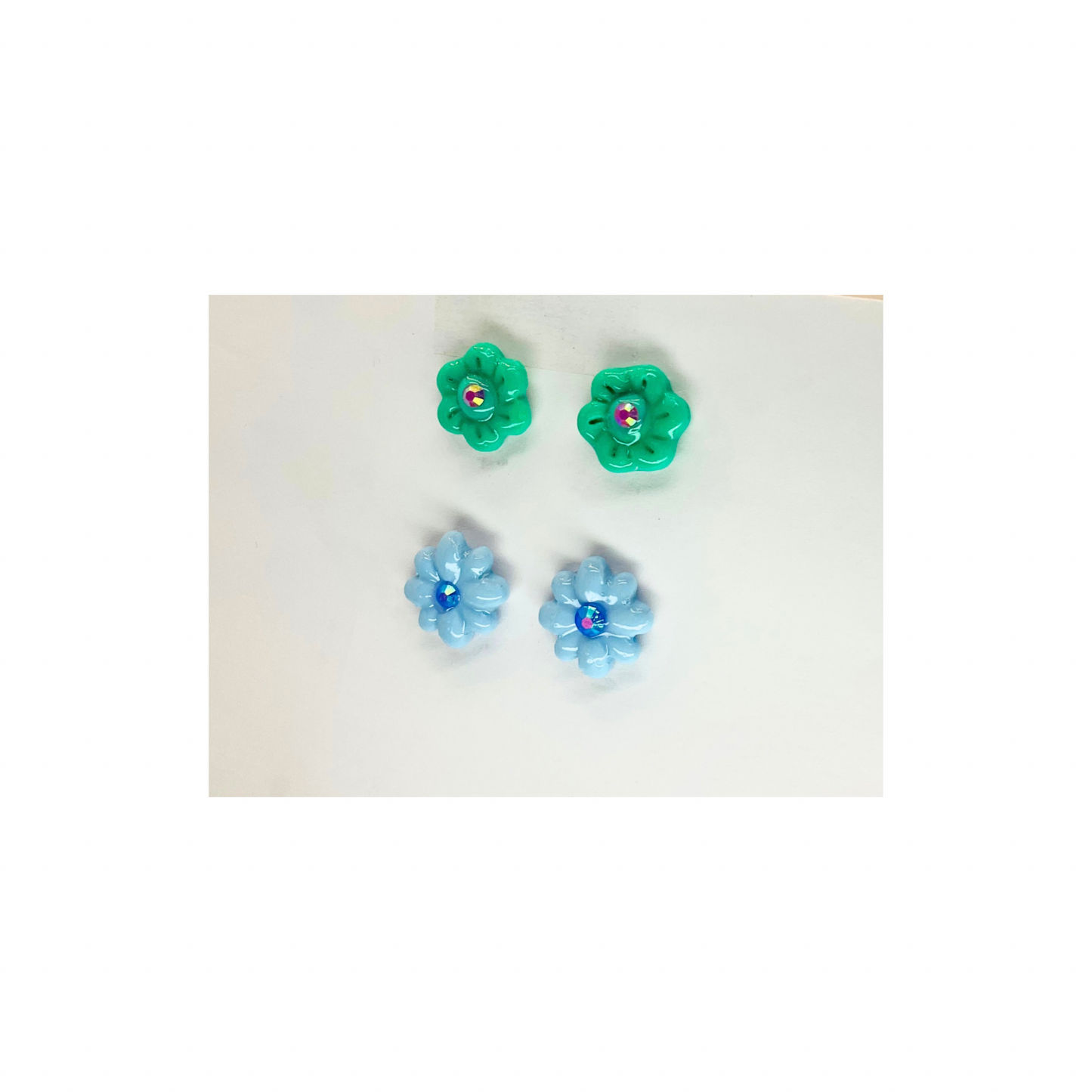 Blue and Green Flower Studs with Rhinestone Earrings-Crafting By BB