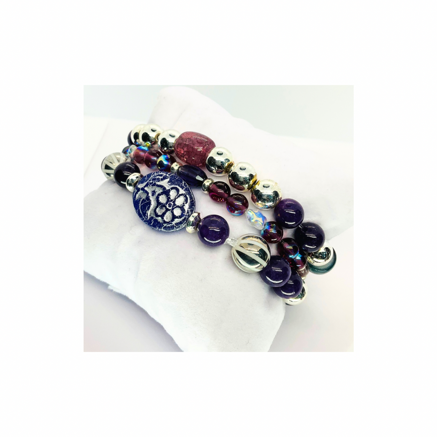 Eggplant Purple Stacked Stretch Set of Three Bracelets with Unique Beads & Floral Design for Everyday Wear