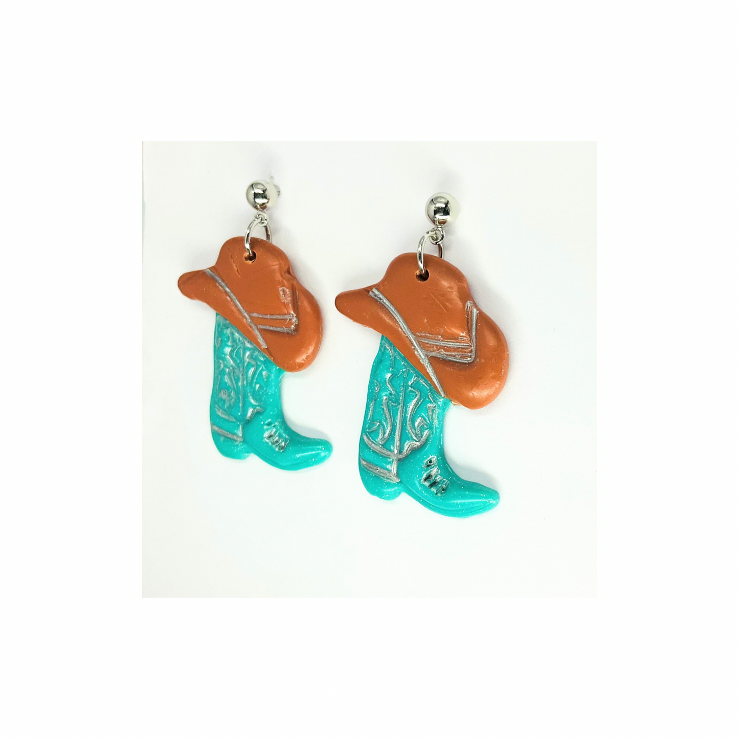 Turquoise Boots and Brown Hat with Silver Ball Stud Dangle Earrings-Crafting By BB