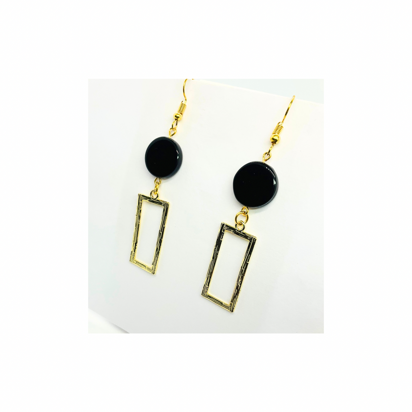 Eclipse Collection Black Button Gold Rectangle Dangle Earring with Unique Design Elements for Women's Fashion Jewelry