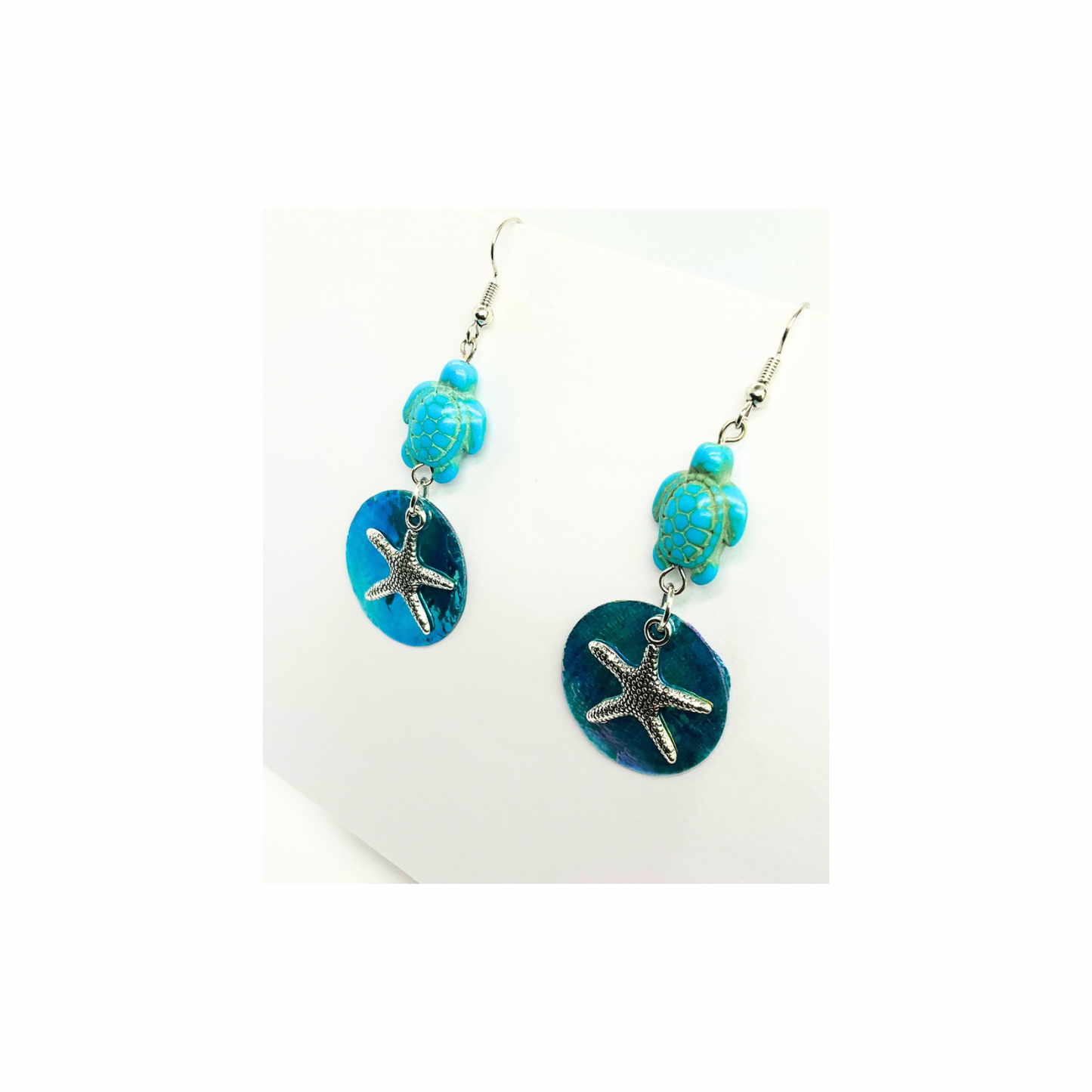 Ocean Collection Blue Flat Shell with Star Fish and Turtle Dangle Earring - Unique Sea Life Design