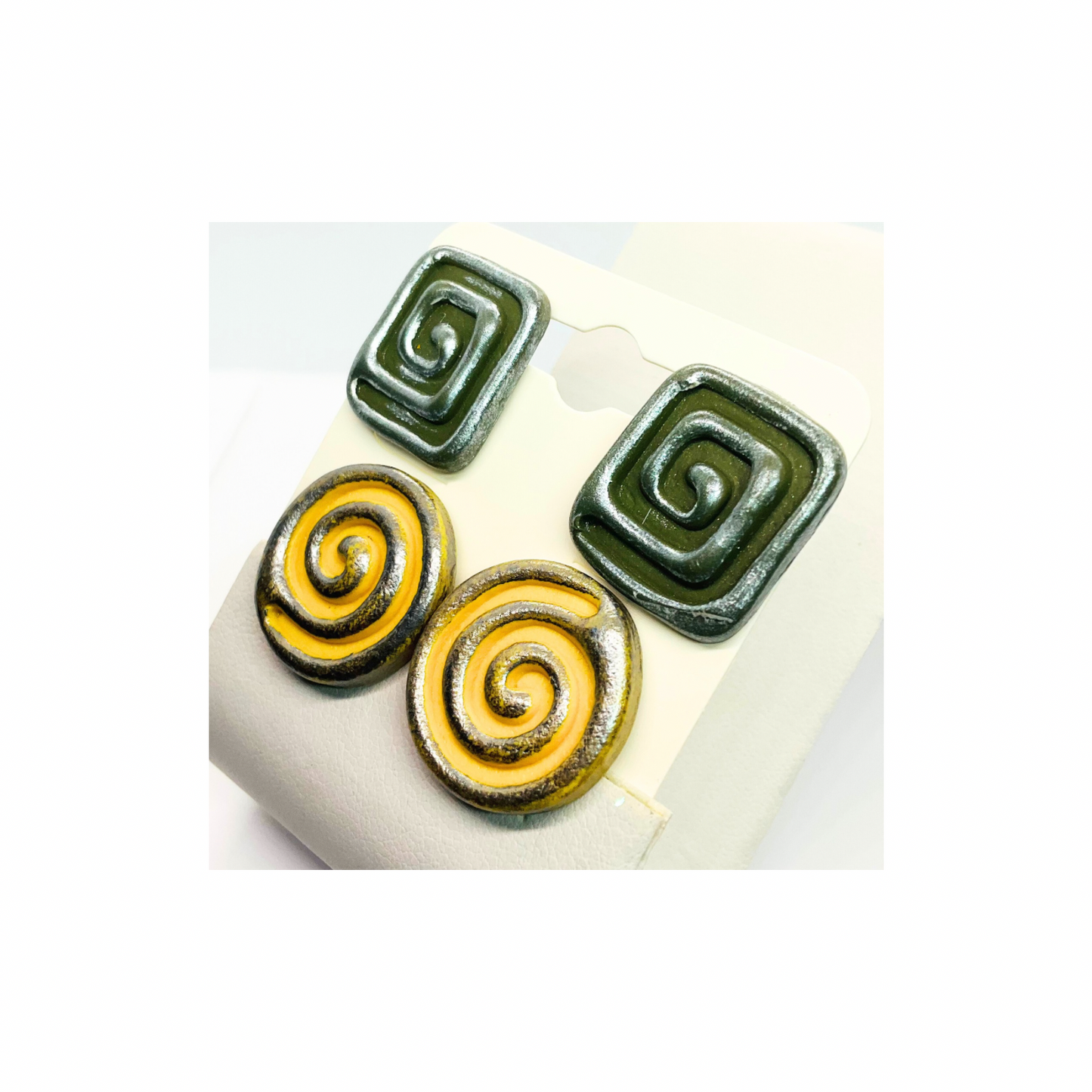Swirl Stud Earrings in Army Green and Yellow with Silver Accents