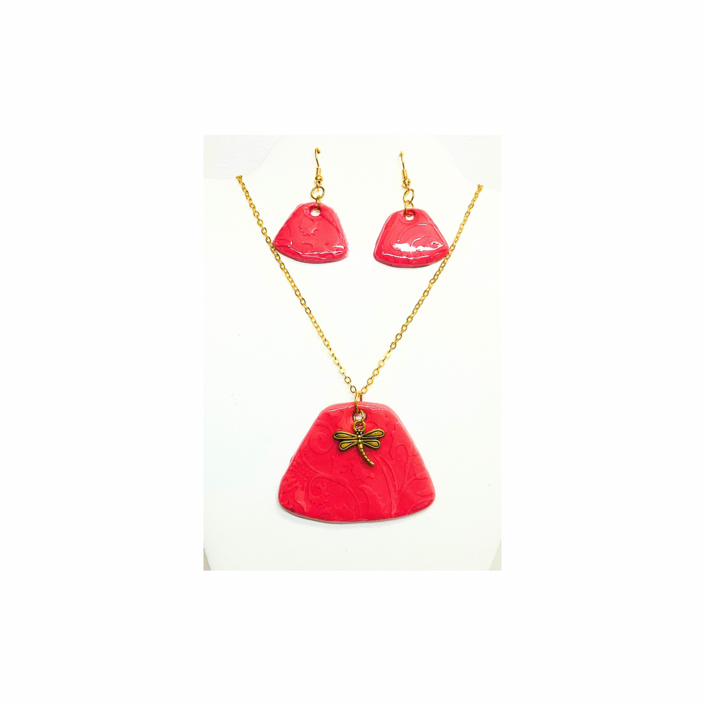 Pink Brick Jewelry Set  Dragonfly Charm Pendant & Gold Chain Earrings Unique One-of-a-Kind Design