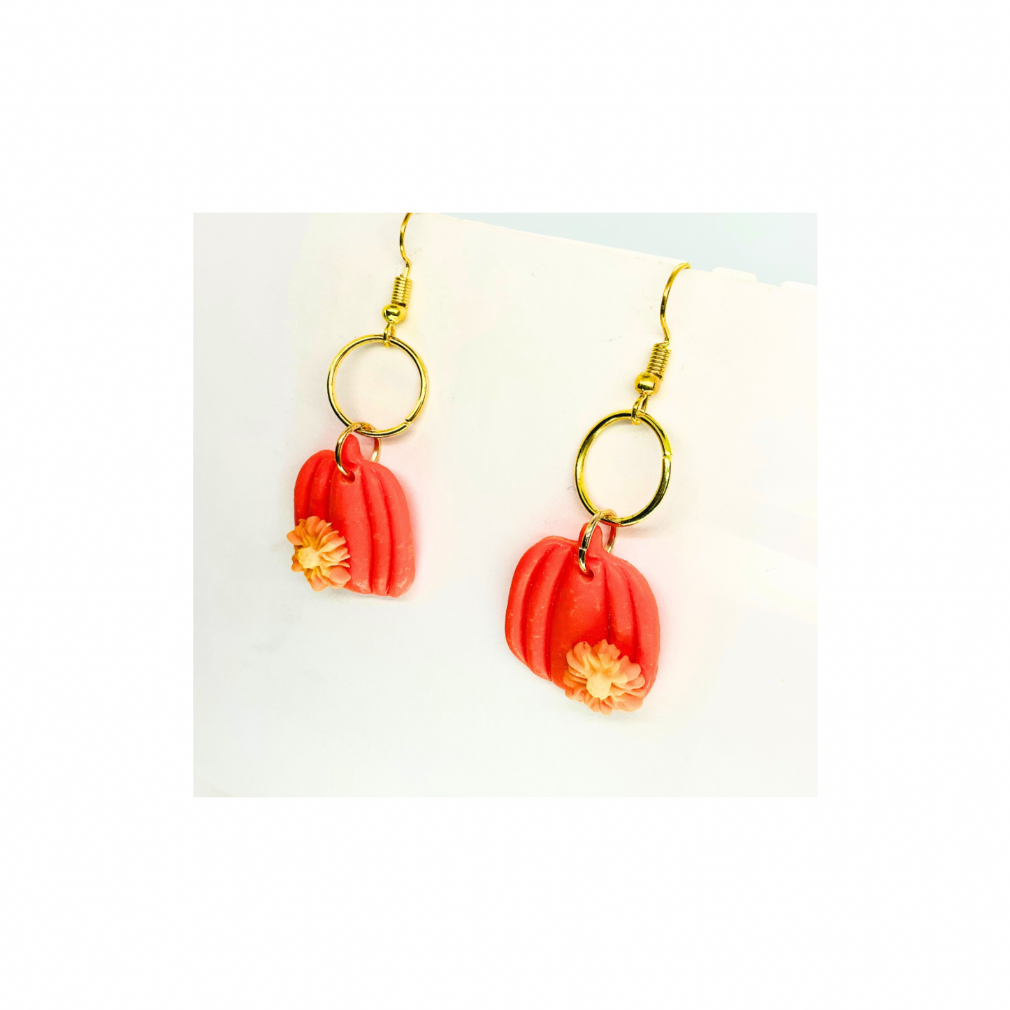Fall Collection Orange Pumpkin with Small Flower and Circle Gold Dangle Earring - Unique Design Jewelry Accessory