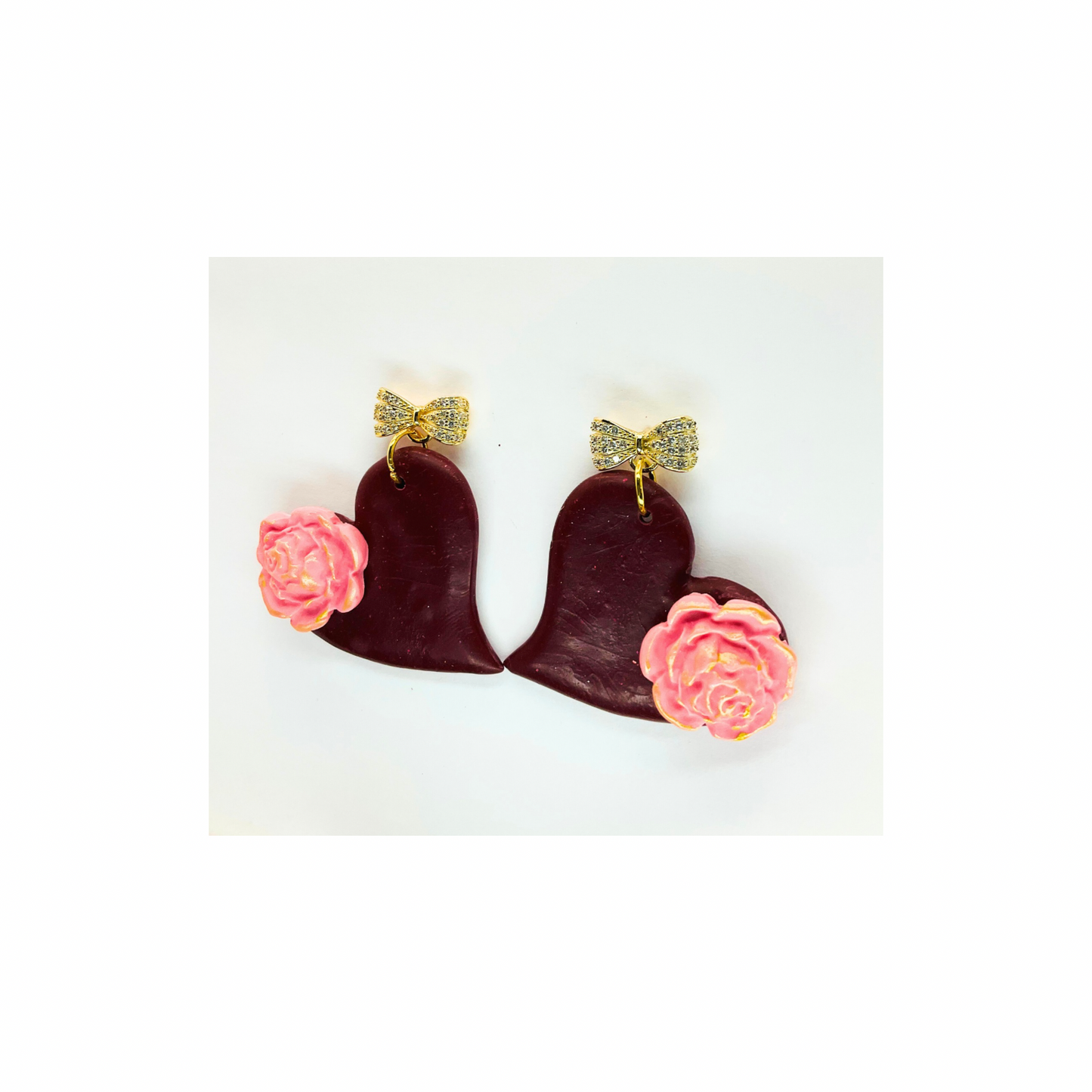 Burgundy Heart Dangle with Pink Flower and Gold Rhinestone Stud-Crafting By BB