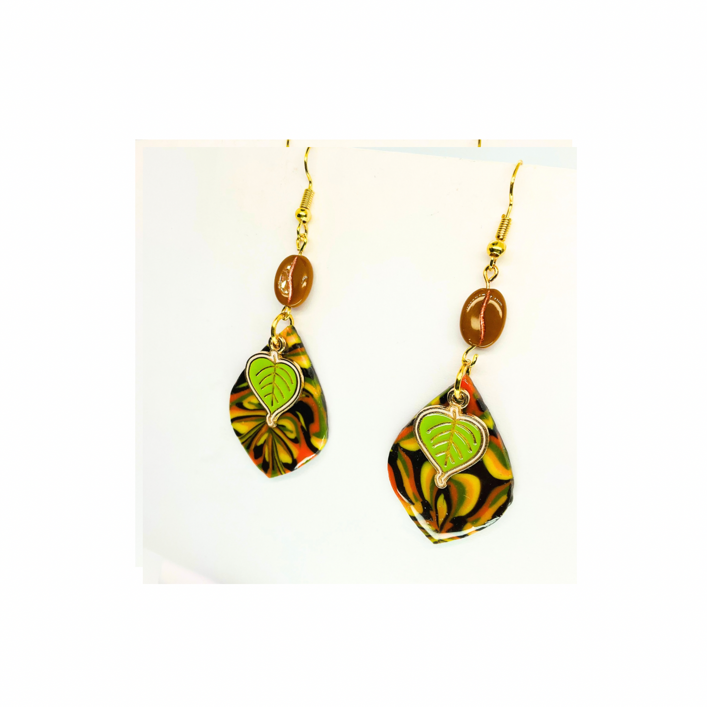 Fall Collection Green Leaf Charm Dangle Earrings with Colorful Leaf Design and Gold-Tone Hooks