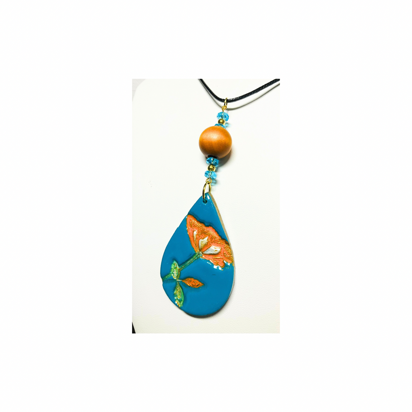 Turquoise Blue with Orange Flower Teardrop Pendant 18-inch Necklace - Unique Design Jewelry Piece