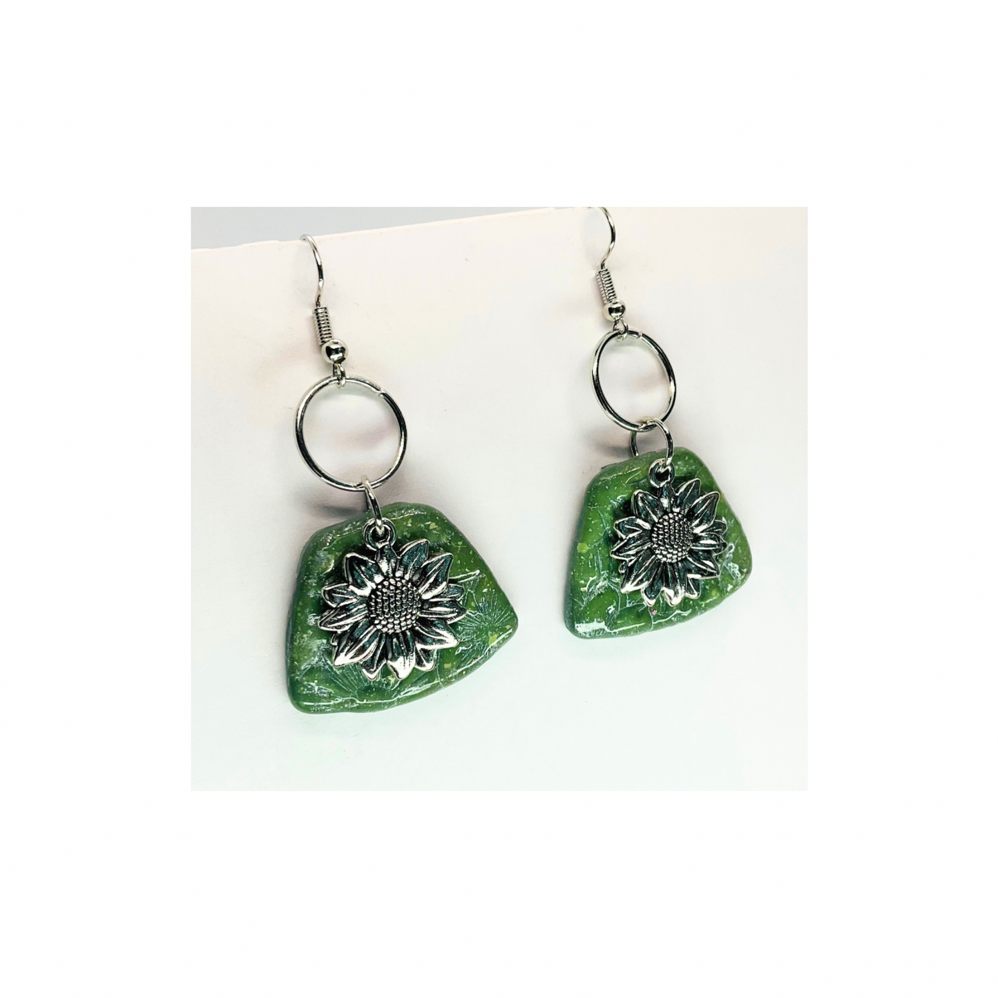 Jade Green and Silver with Sunflower Charm Dangle Earrings - Unique Design Jewelry Accessory