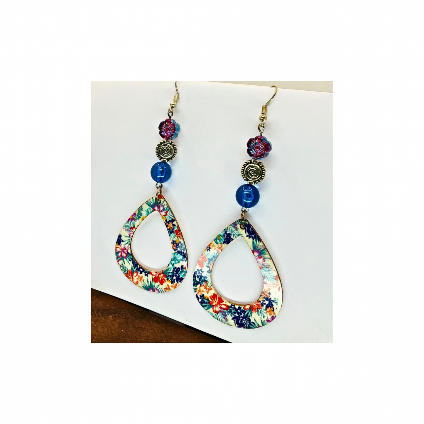 Wood Teardrop Floral Dangle with Bead Earrings-Crafting By BB