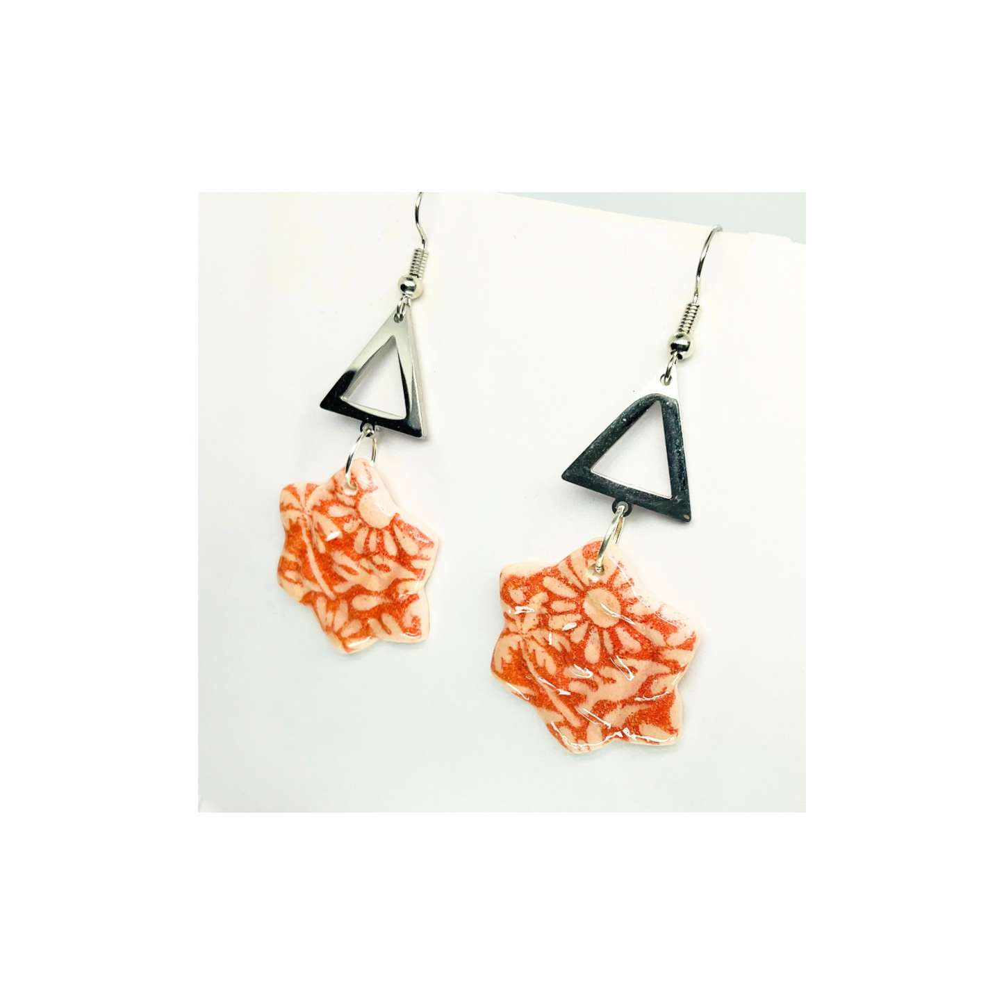 Beach Bloom Collection Salmon Star Shape Dangle Earrings with Orange Floral Design and Silver Triangle Top