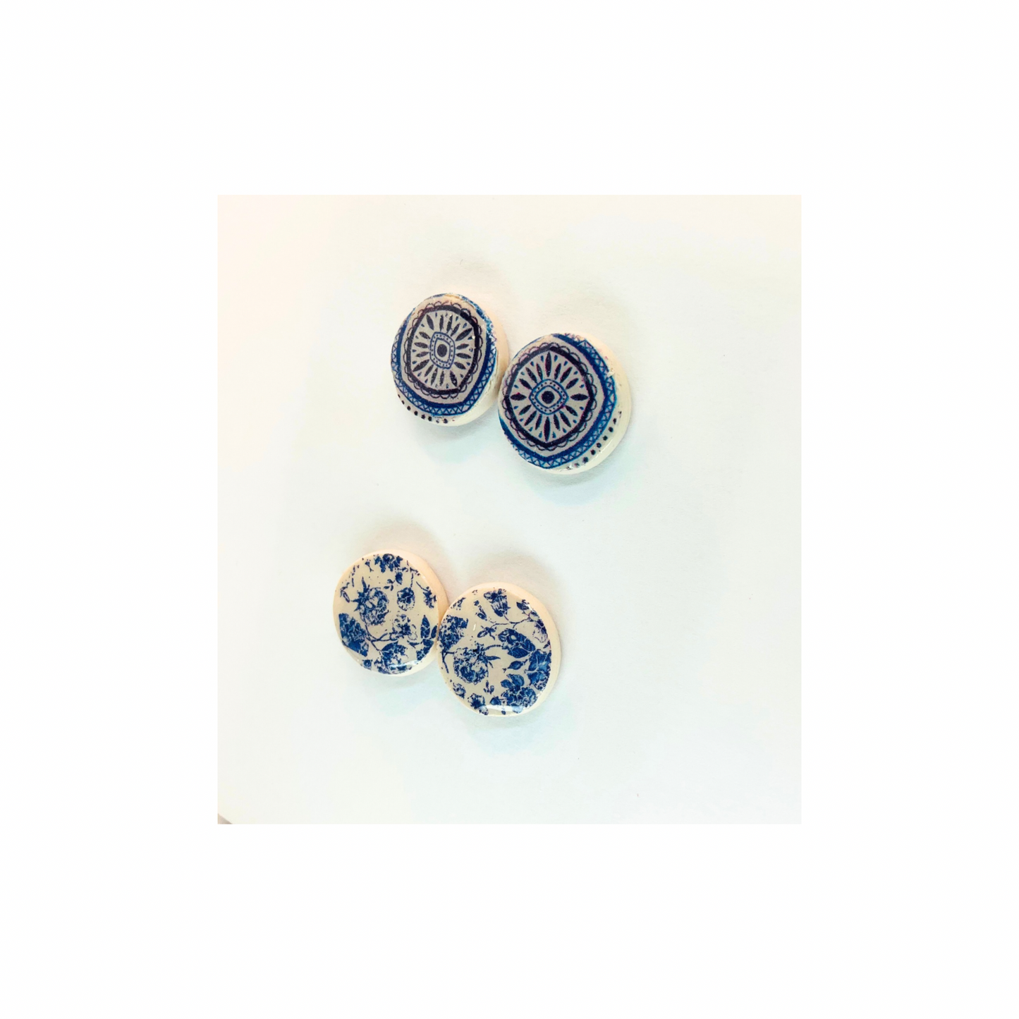 Blue and White Button Tile Stud Earrings