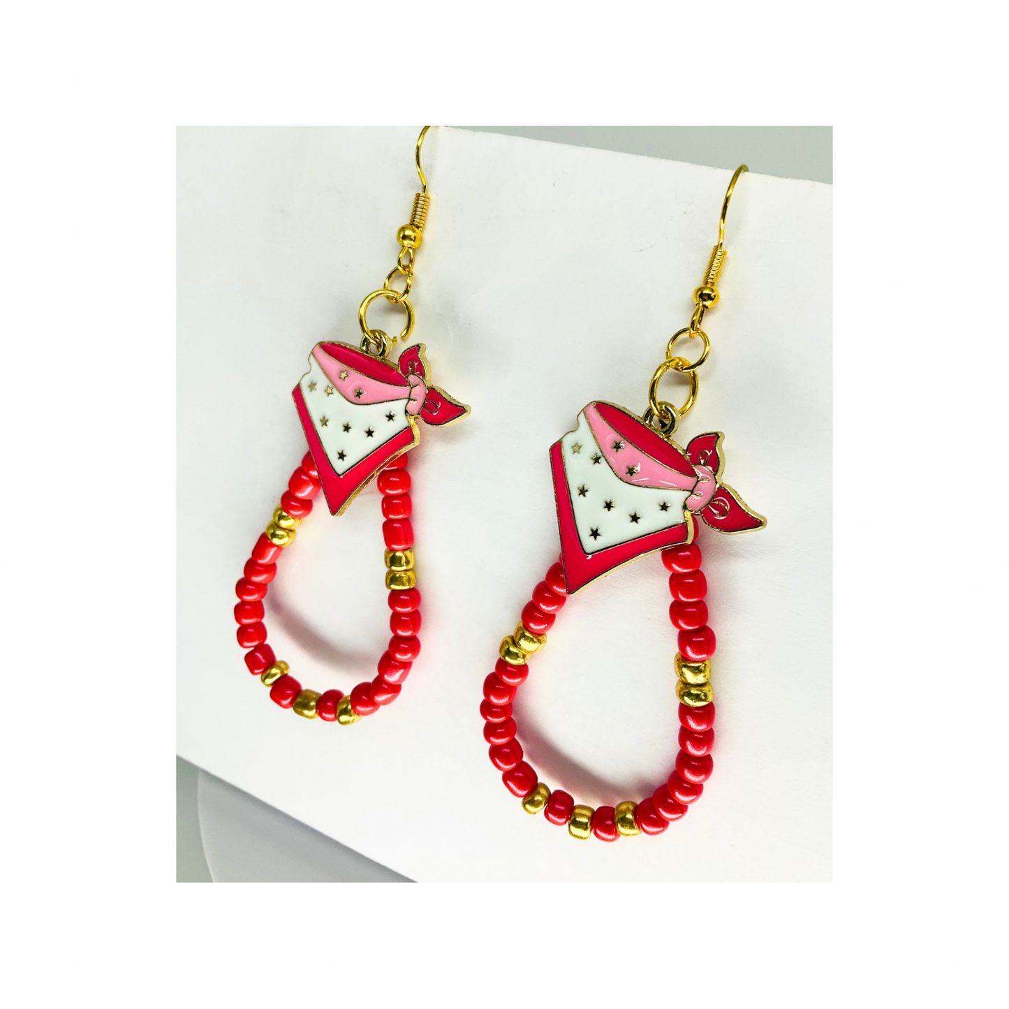 Teardrop Watermelon Pink and Gold Beads with Bandana Charm Earrings