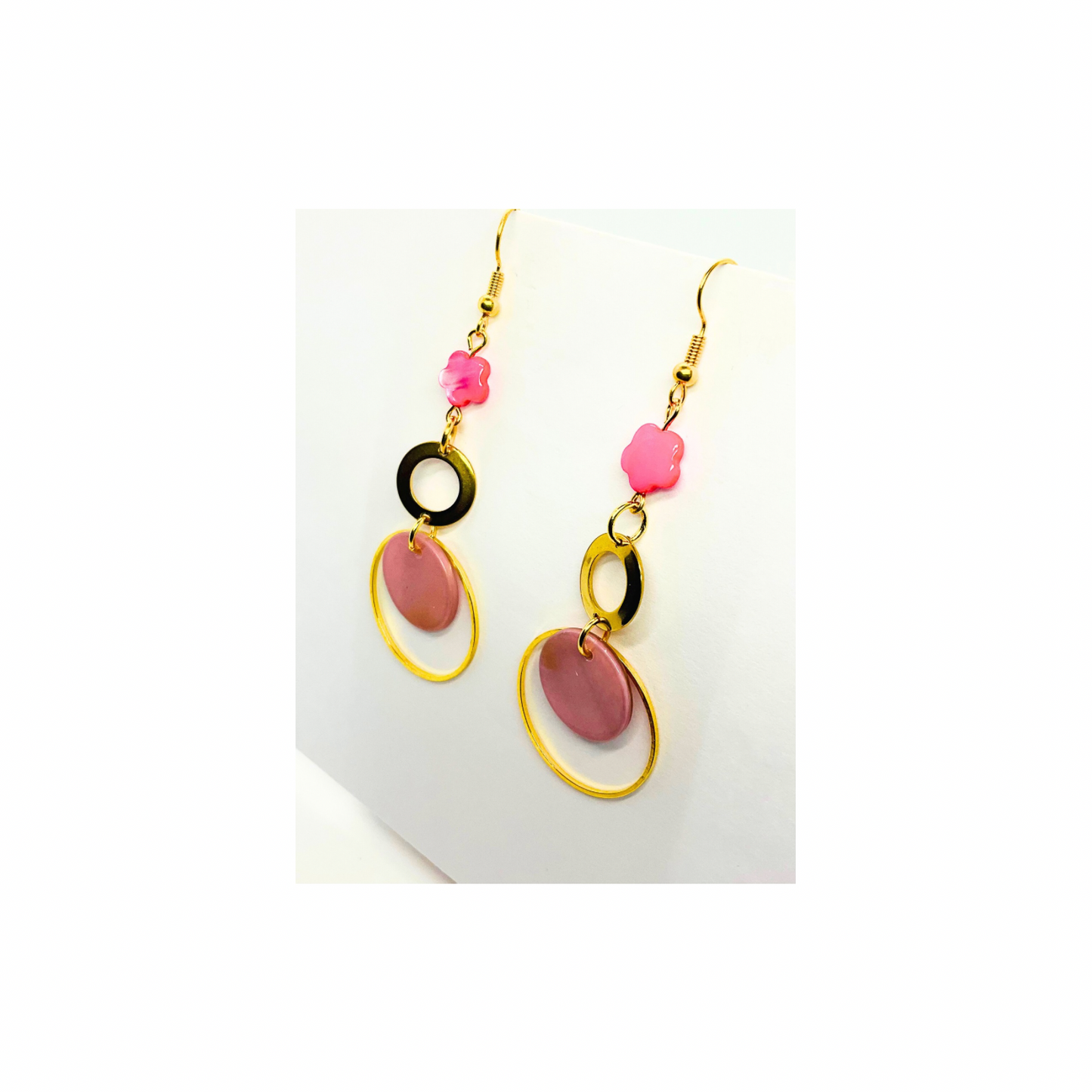 Pink Shell Collection Pink Circle with Gold and a Pink Bead Dangle Earrings for Female Fashion Jewelry