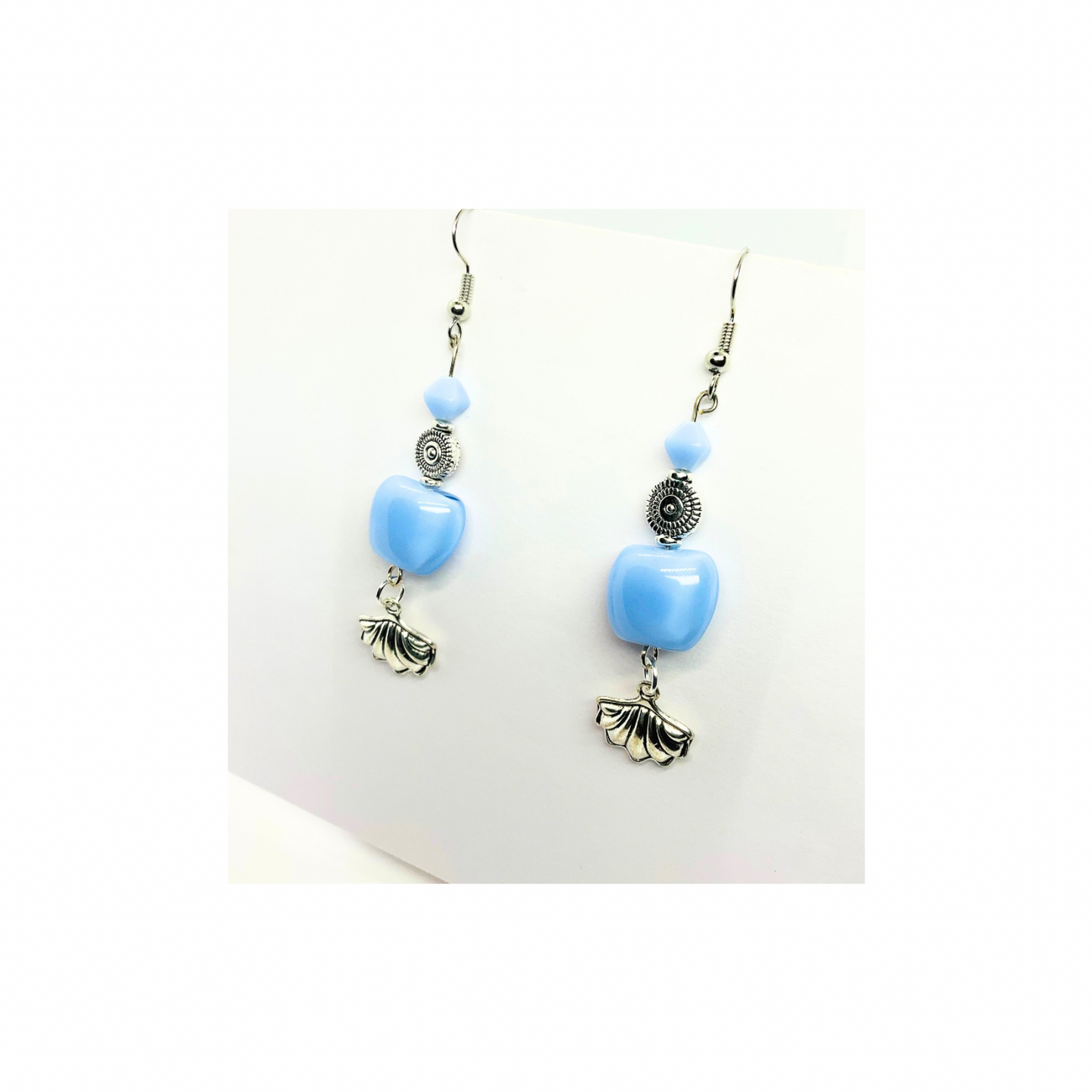 Ocean Collection Light Blue Beads with Silver Shell Charm Dangle Earrings - Stylish and Unique Design