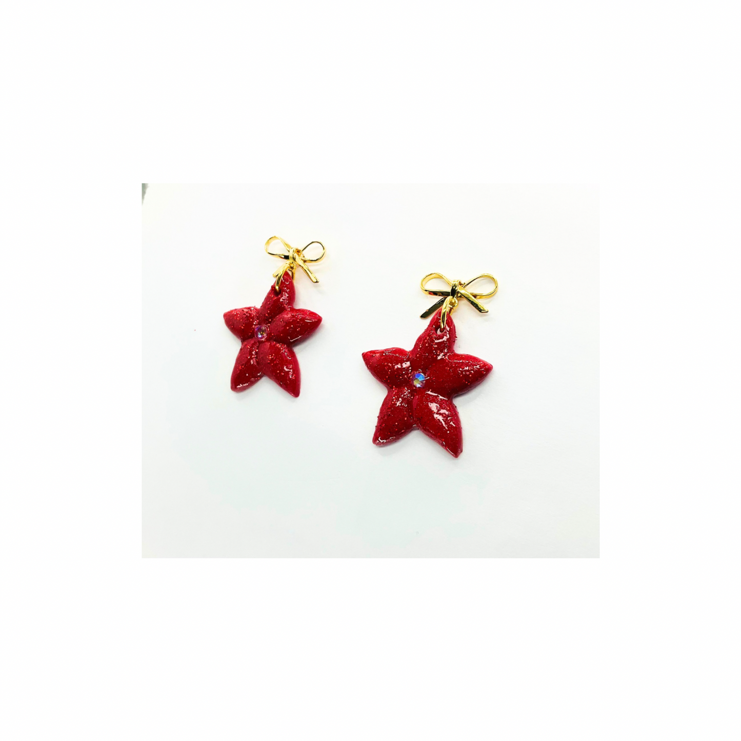 Red Sparkle Poinsettia with Gold Bow Stud Dangle Earrings for Festive Wear