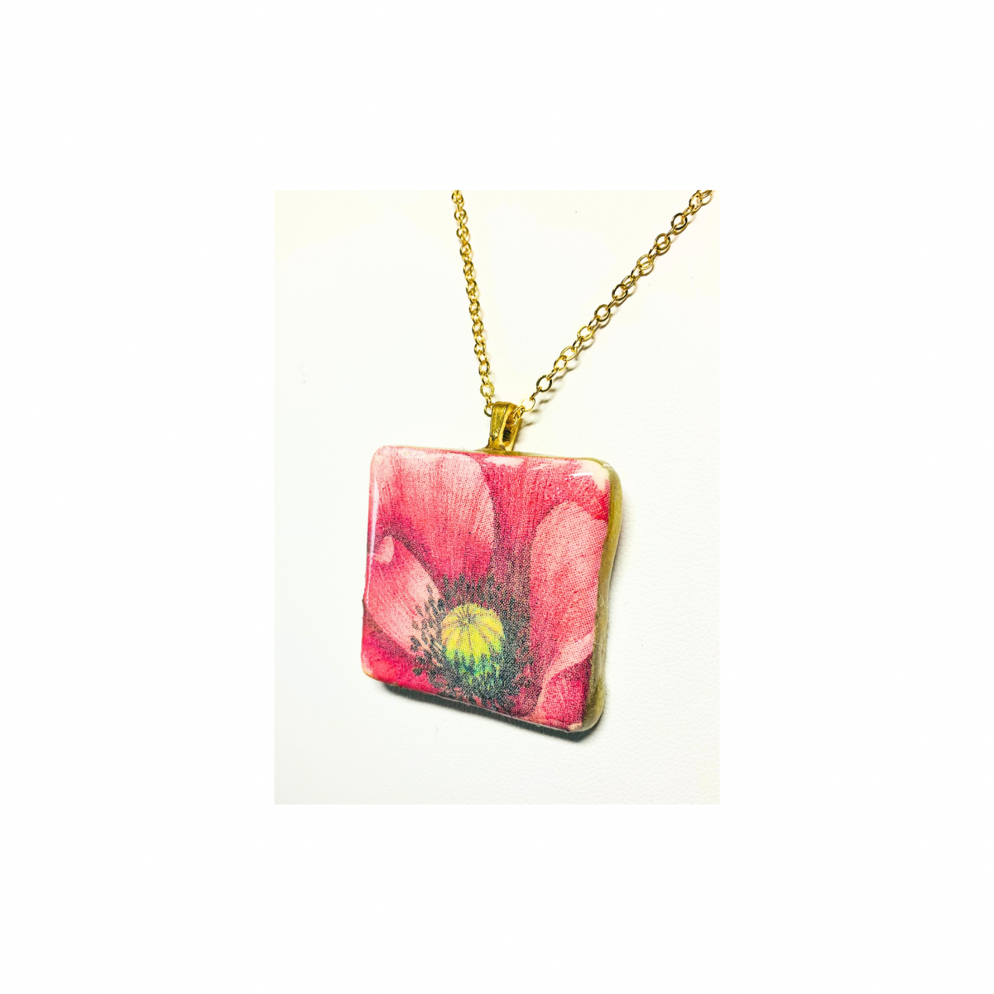 Pink Flower Clay Square Pendant Necklace - Trendy Cute Style Pink Handcrafted Lightweight for Everyday Wear