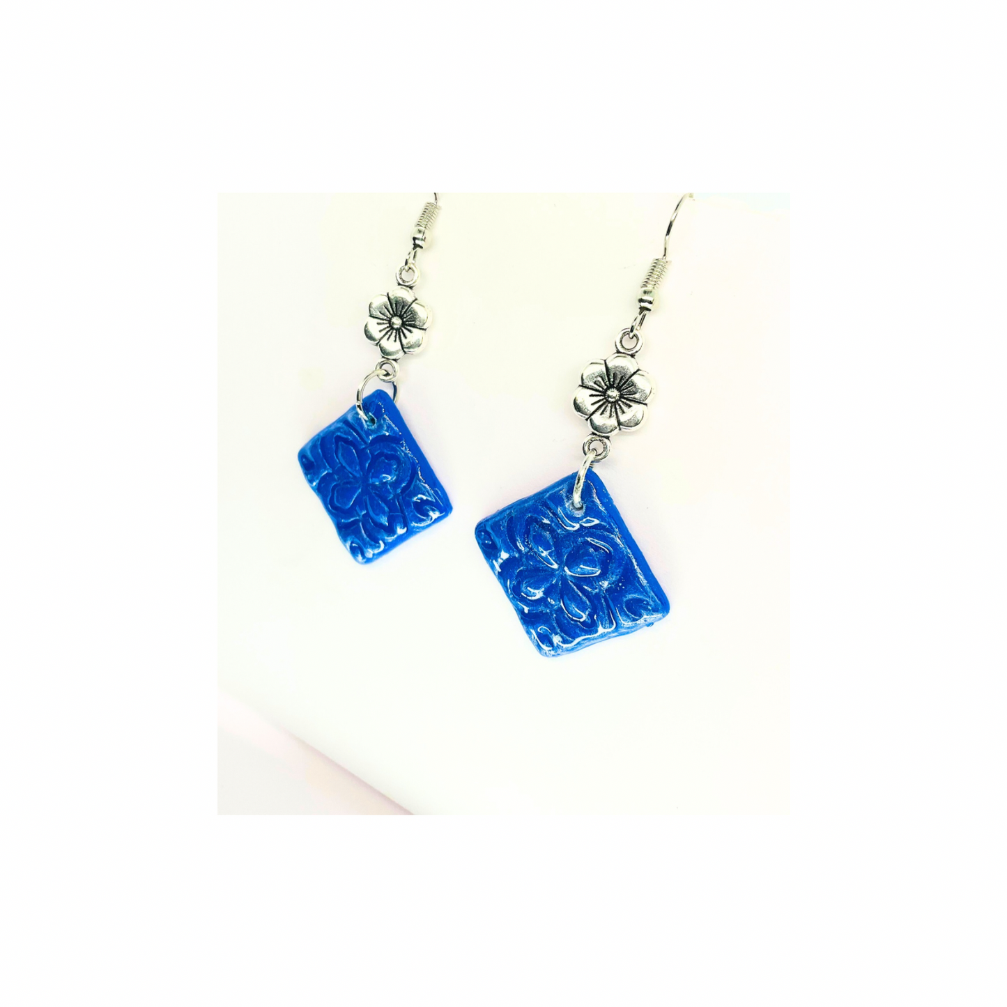 Blue Tile 132 with Silver Flower Charm Dangle Earrings - Square Design & Colorful Appeal