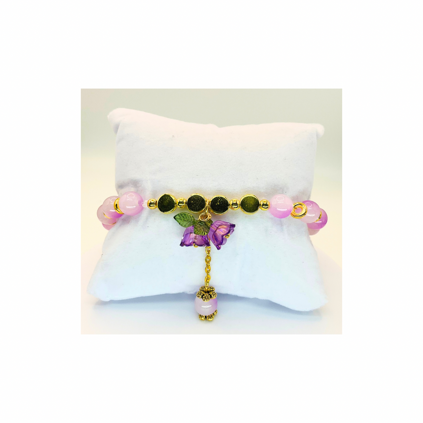 Purple Variegated Beads with Purple Flower Charm Stretch Bracelet