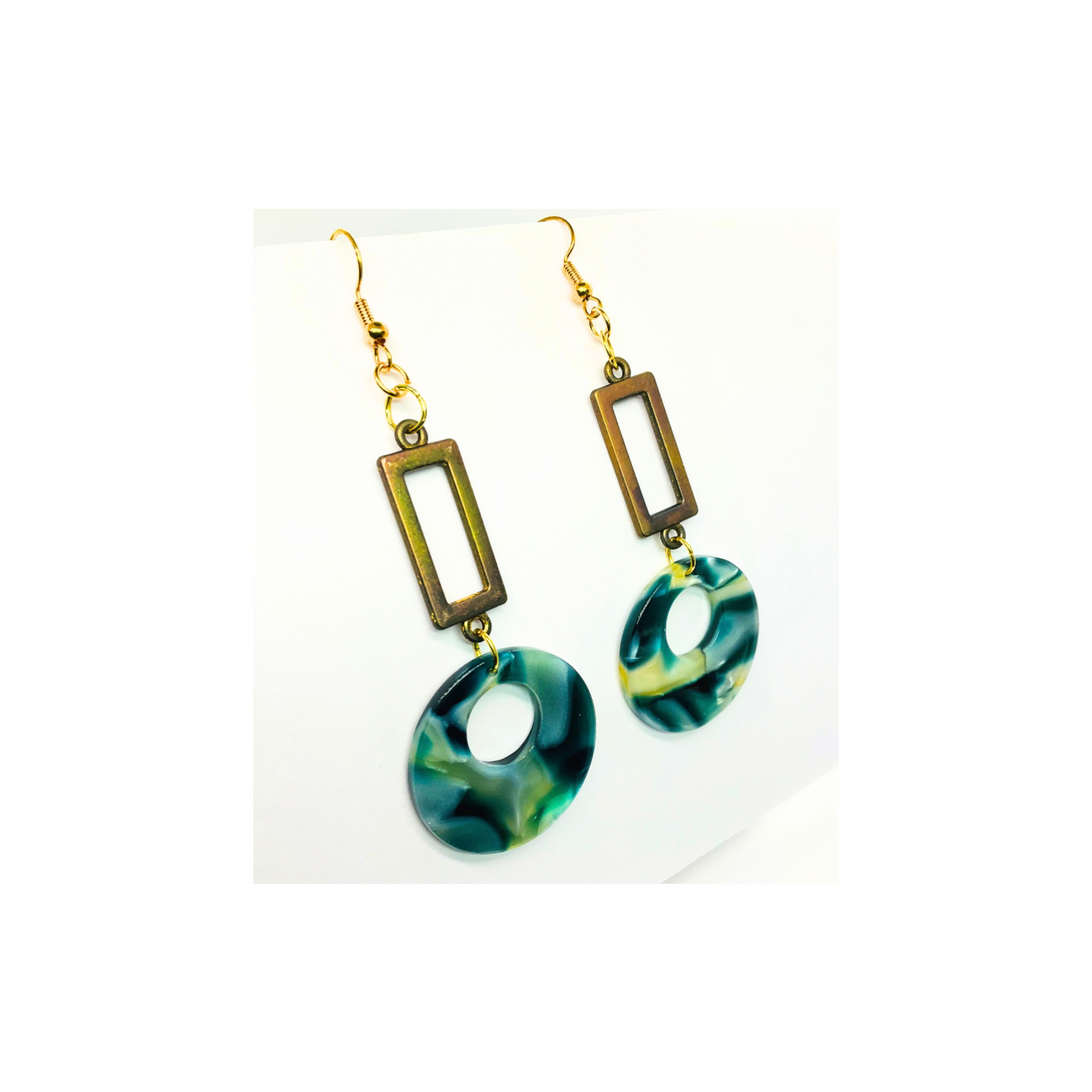 Tortoise Collection Green Circle with Rectangle Earrings - Hook Earrings with Unique Design Elements for Stylish Appeal