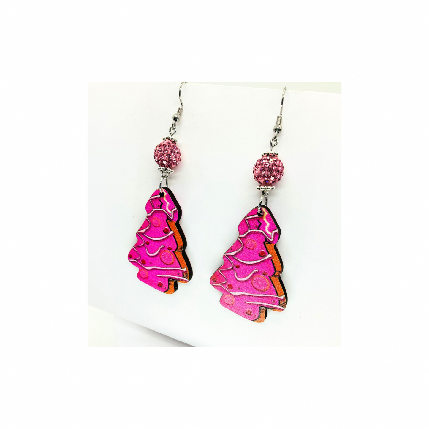 Pink Wood Christmas Tree Earrings with Pink Sparkle Bead Dangle for Festive Season