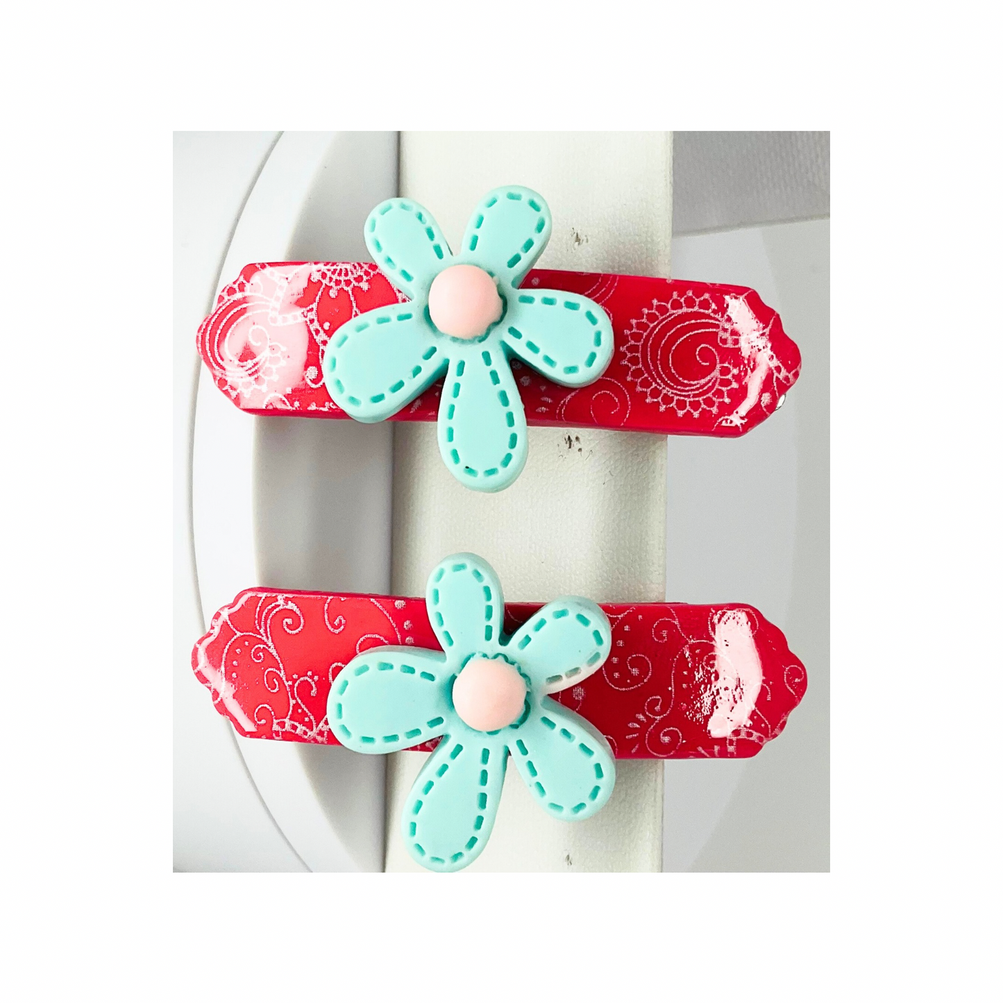 Pink with Blue Flower 2-Inch Hair Barrettes-Crafting By BB