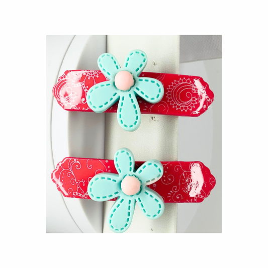 Pink with Blue Flower 2-Inch Hair Barrettes-Crafting By BB