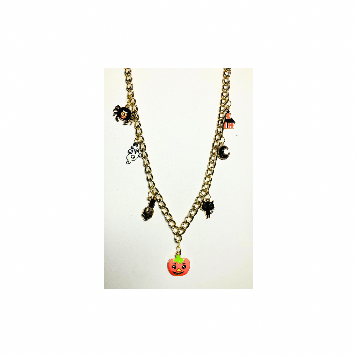 Fall Collection Halloween Gold 18-inch Cable Length Chain Charm Necklace with Pumpkin and Spider Charms