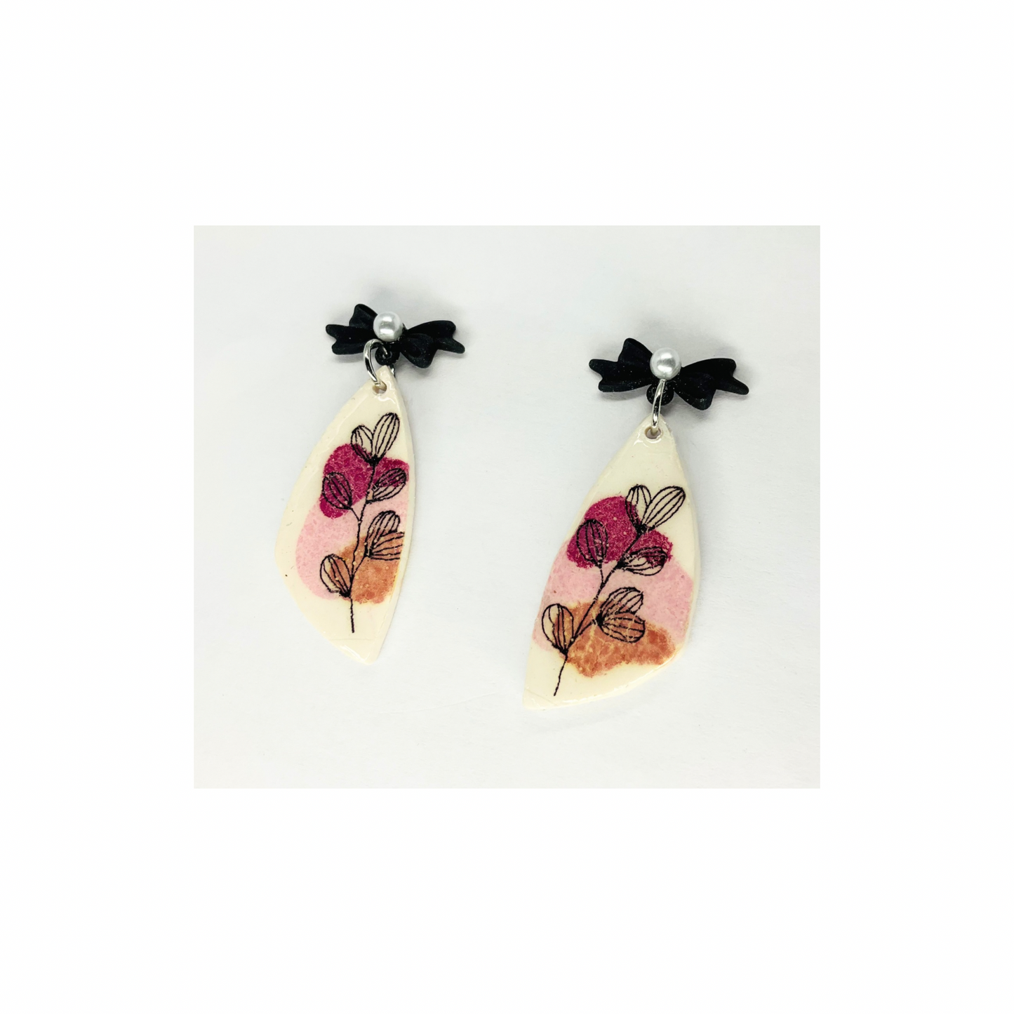 Flower Line Art Dangle with Black Pearl Bow Stud Earring-Crafting By BB