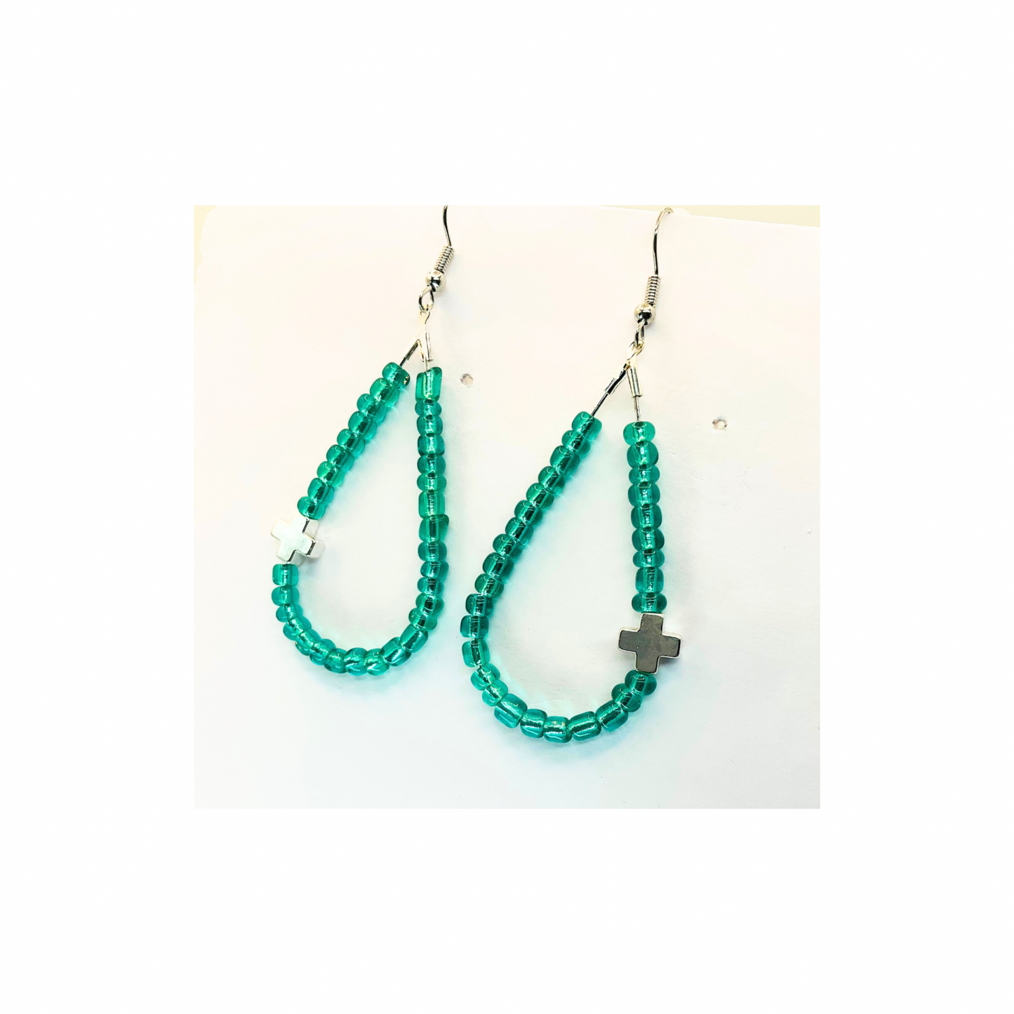 Teardrop  Glass Turquoise Seed Beads with a Silver Cross