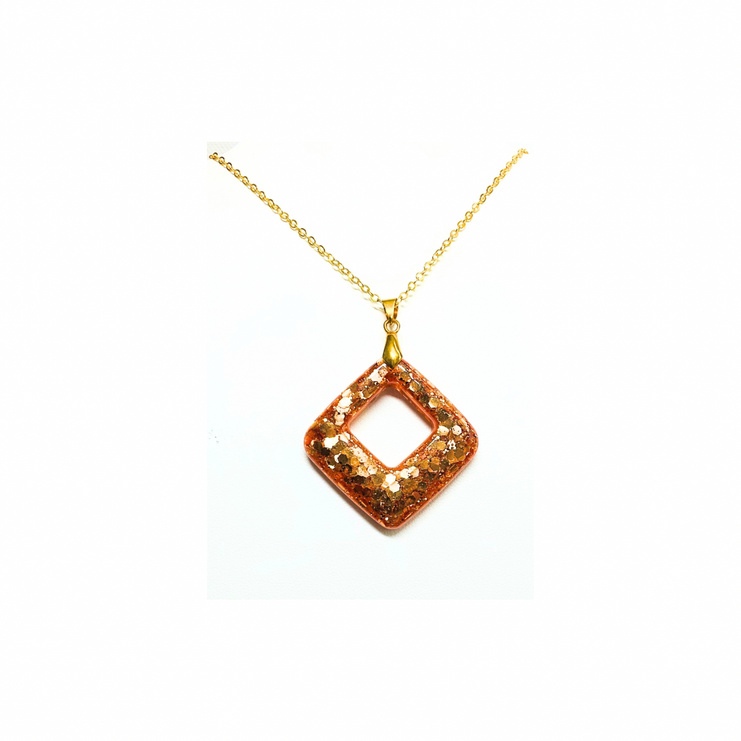 Copper Sparkle Square Resin Pendant Necklace with Gold Bail & 18-inch Chain Handmade Unique Style Jewelry