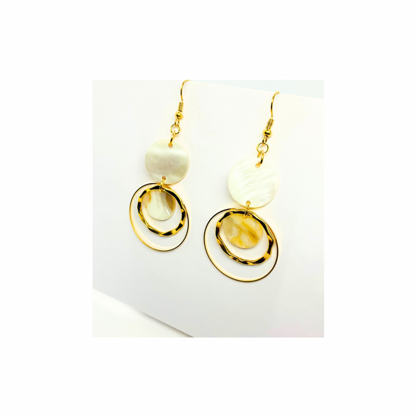 Spot Cream and Gold Collection Circle Dangle Earrings with Unique Design Elements