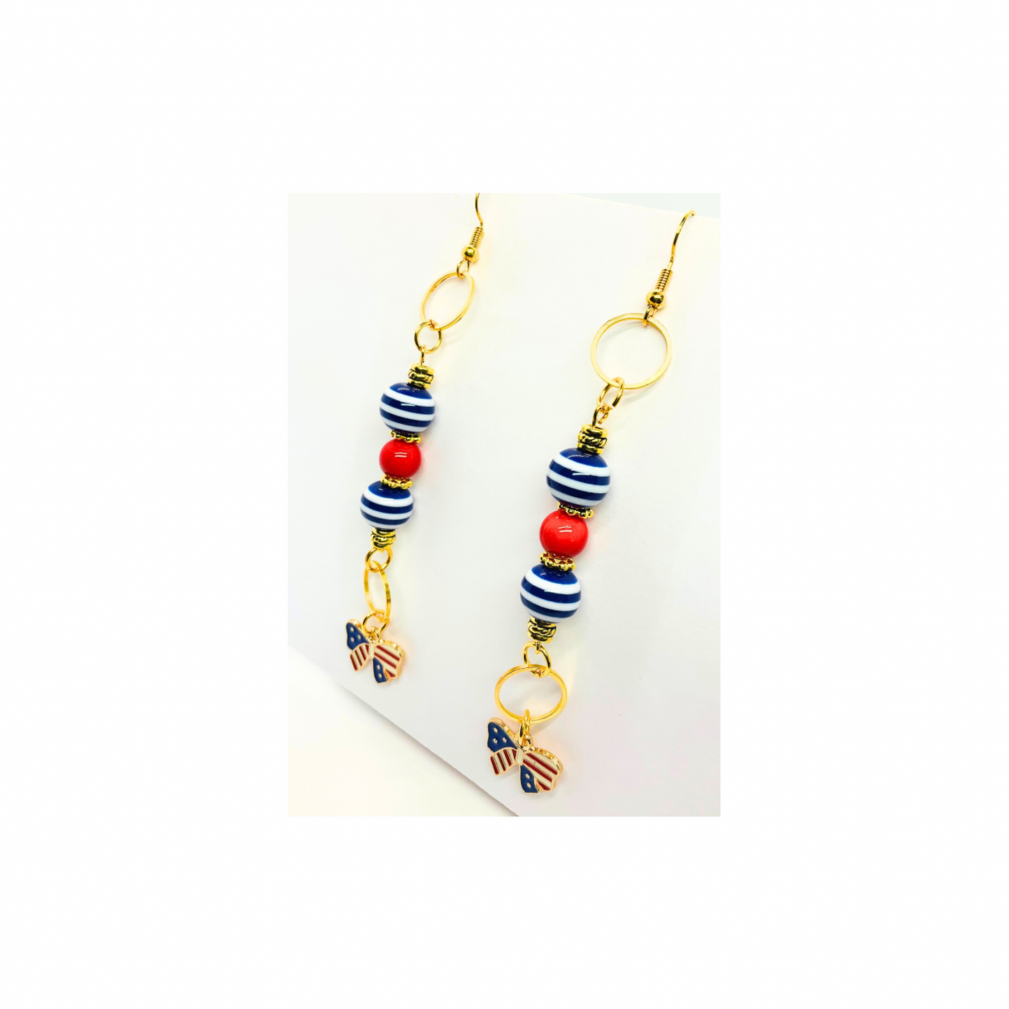 Patriotic Collection Long Beads with Bow Charm Dangle Earrings Red White Blue Striped Beads Gold Accents