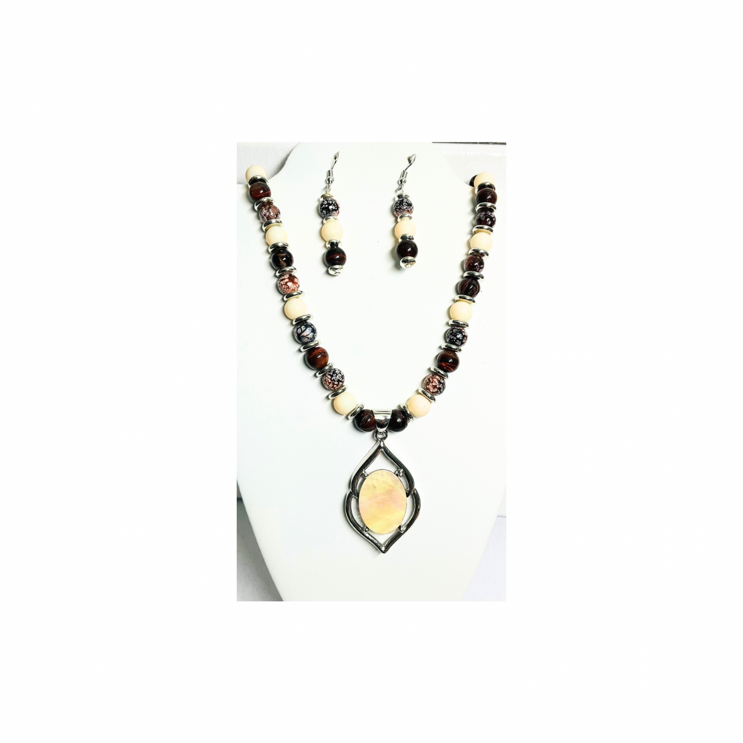 Beaded Necklace and Dangle Earring Set: Mother of Pearl Pendant
