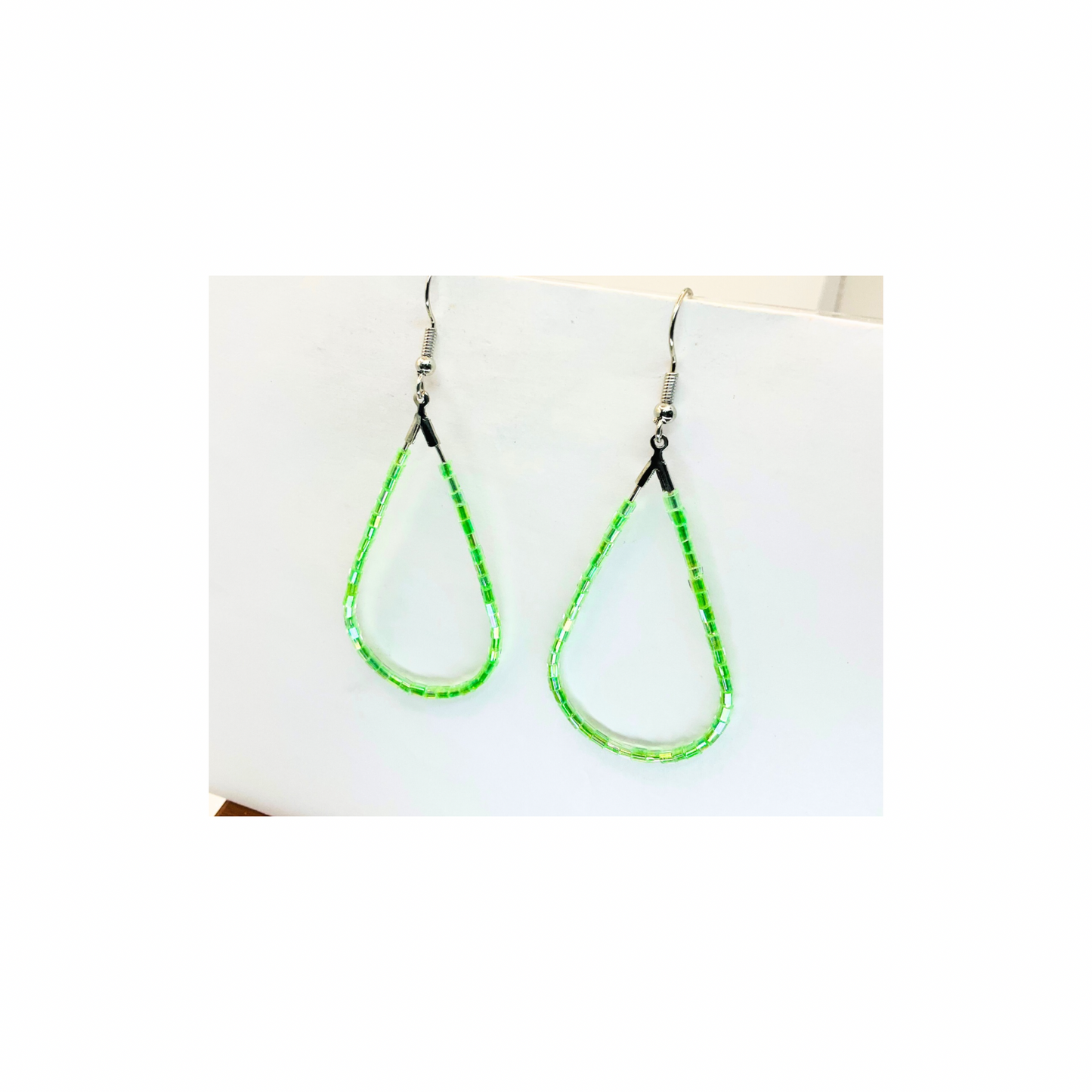 Lime Green Bugle Bead Teardrop Dangle Earring