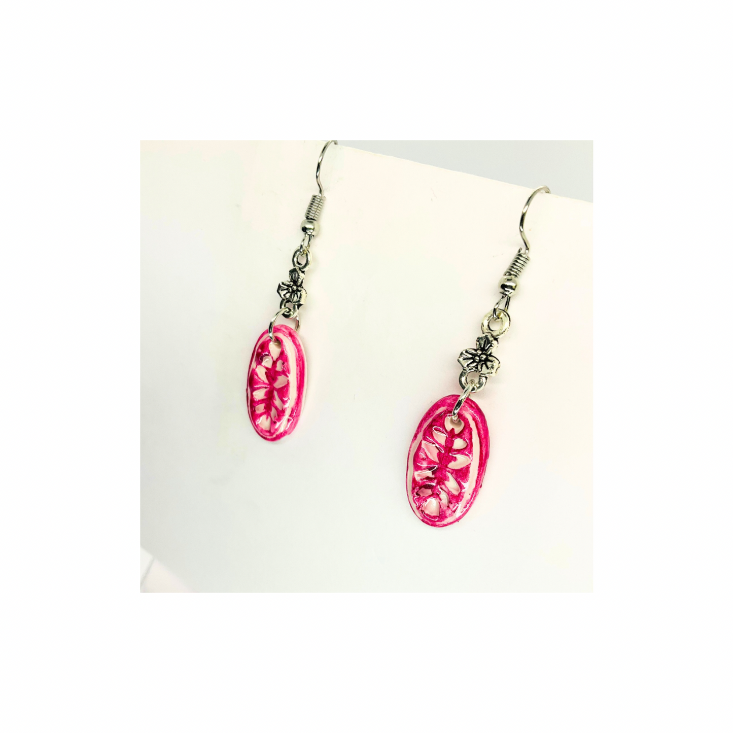 French Garden Collection Pink Oval with Silver Flower Dangle Earring for Women