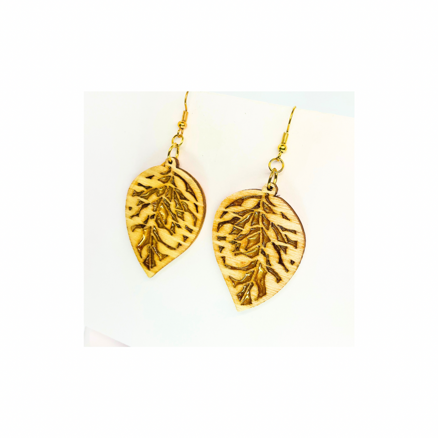 Wood Leaf Earrings with Gold Accent - Tan Wood Drop Design with Gold Resin Veins