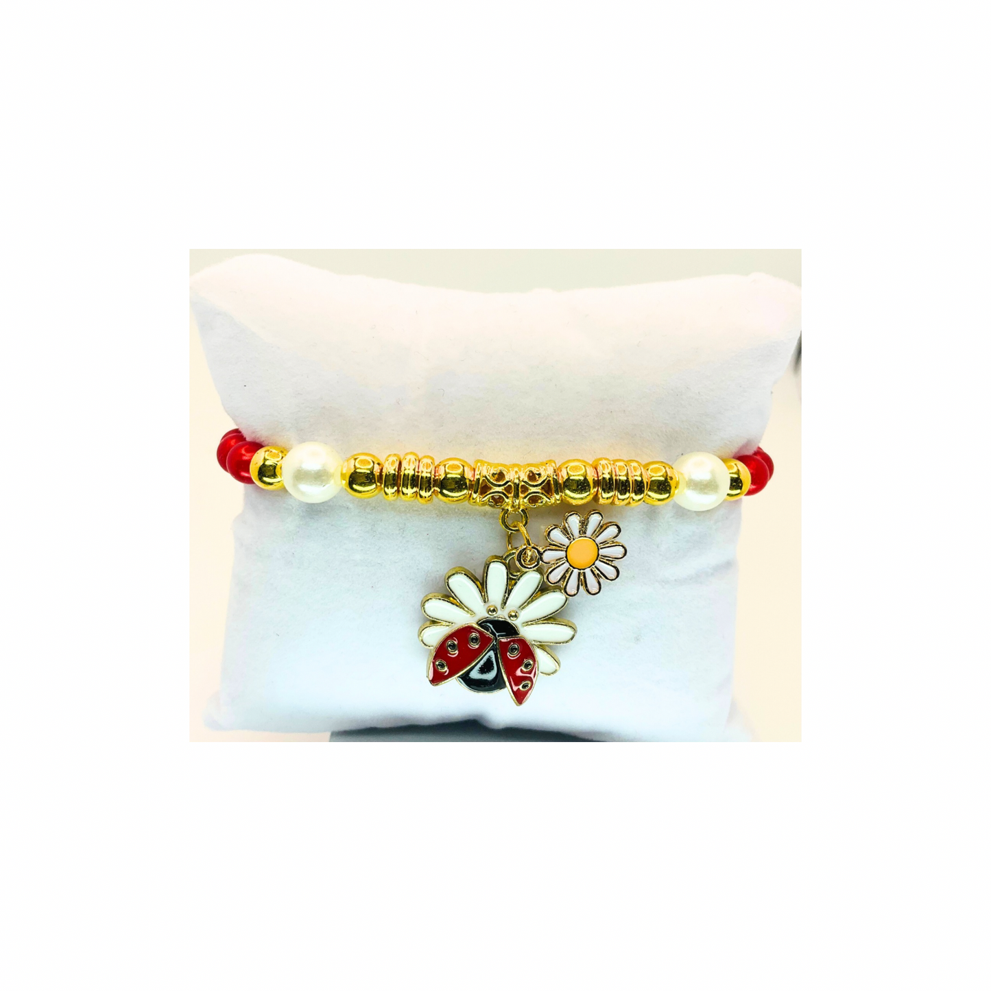 Red and Pearl Beaded Stretch Bracelet with Ladybug charm-Crafting By BB