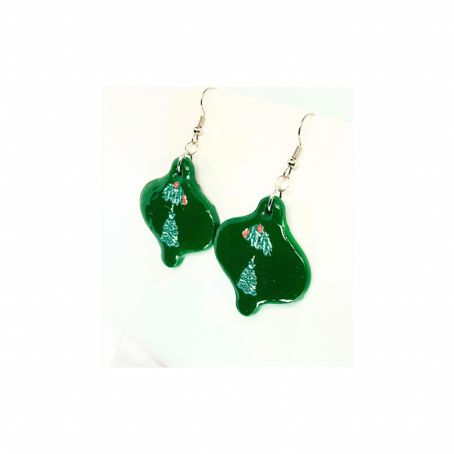 Christmas in July Collection Green Ornament with Tree Embellishment Dangle Earrings Festive Design