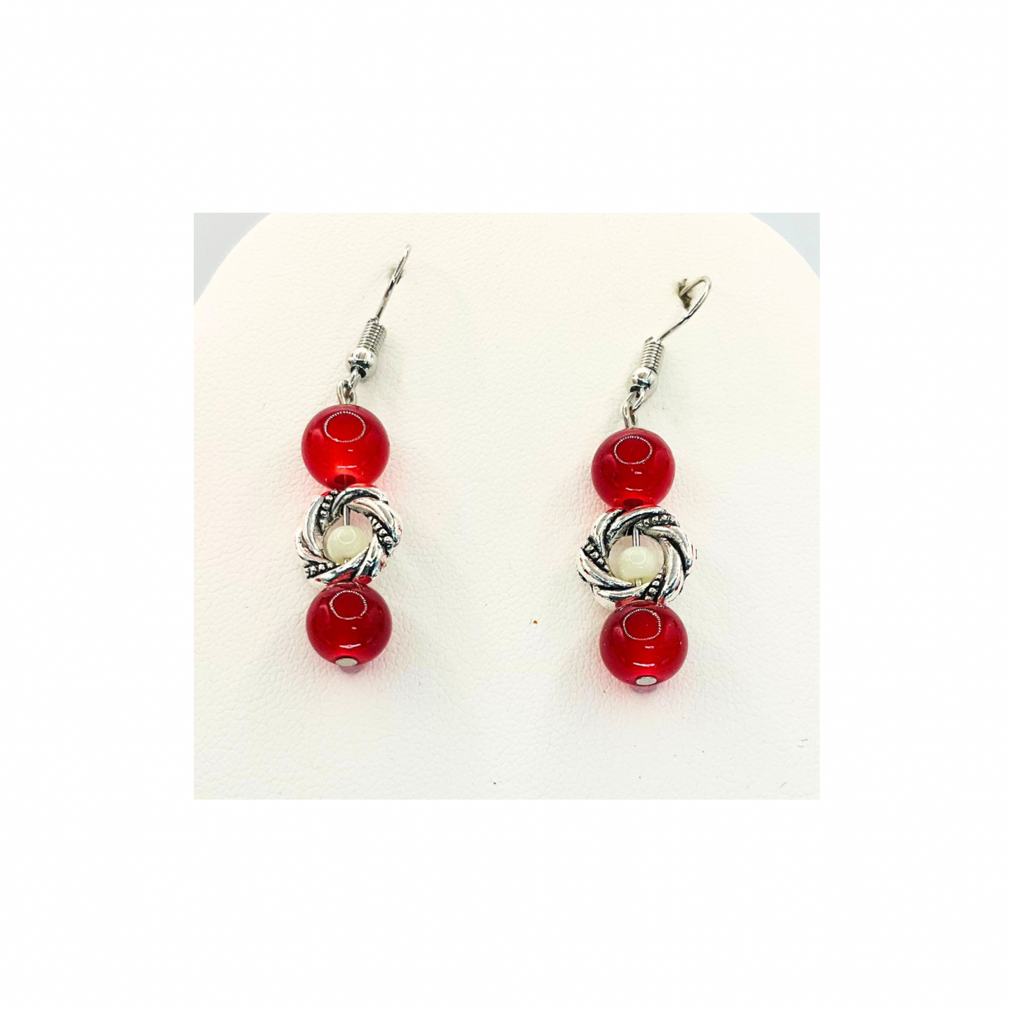 Crimson Red and Cream Beaded Necklace with Dangle Earring Set for Women's Fashion Jewelry