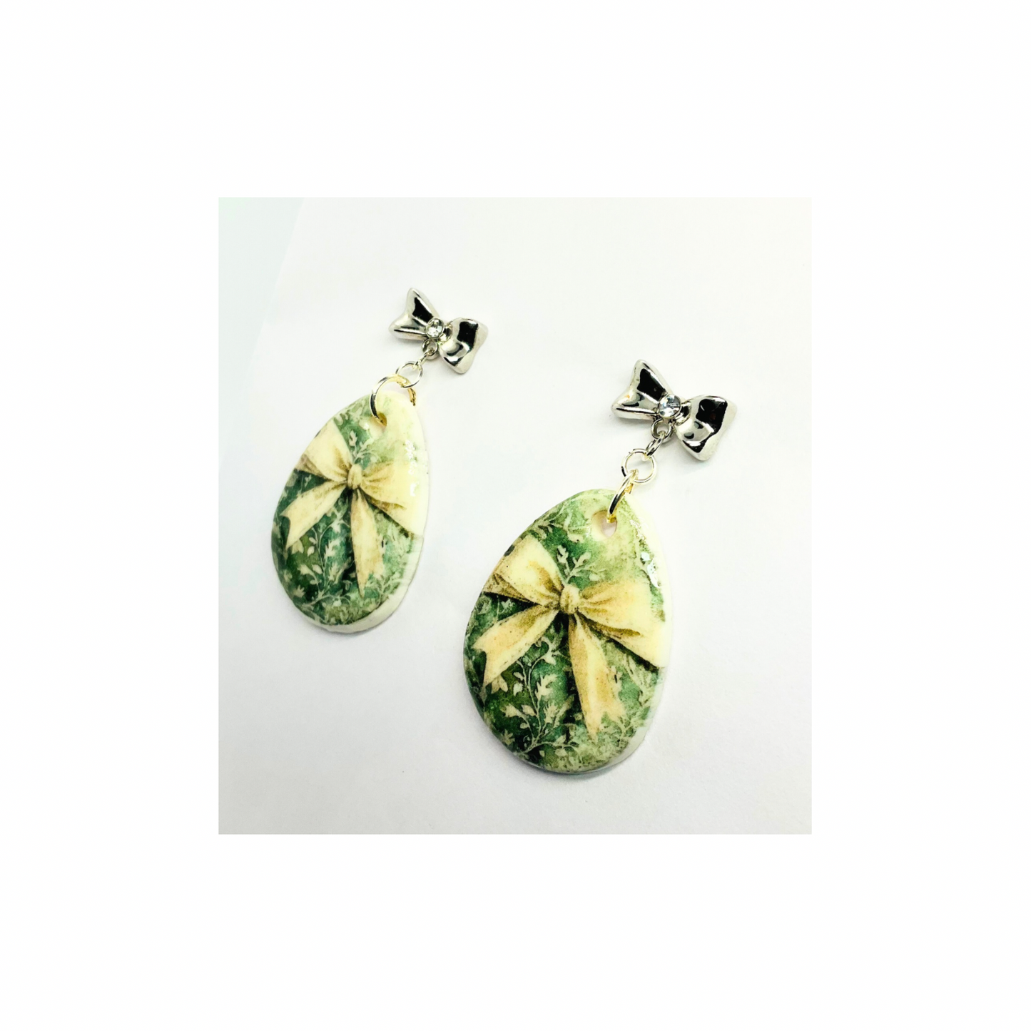 Romantic Cream Bow Dangle Earring with Silver Bow Stud