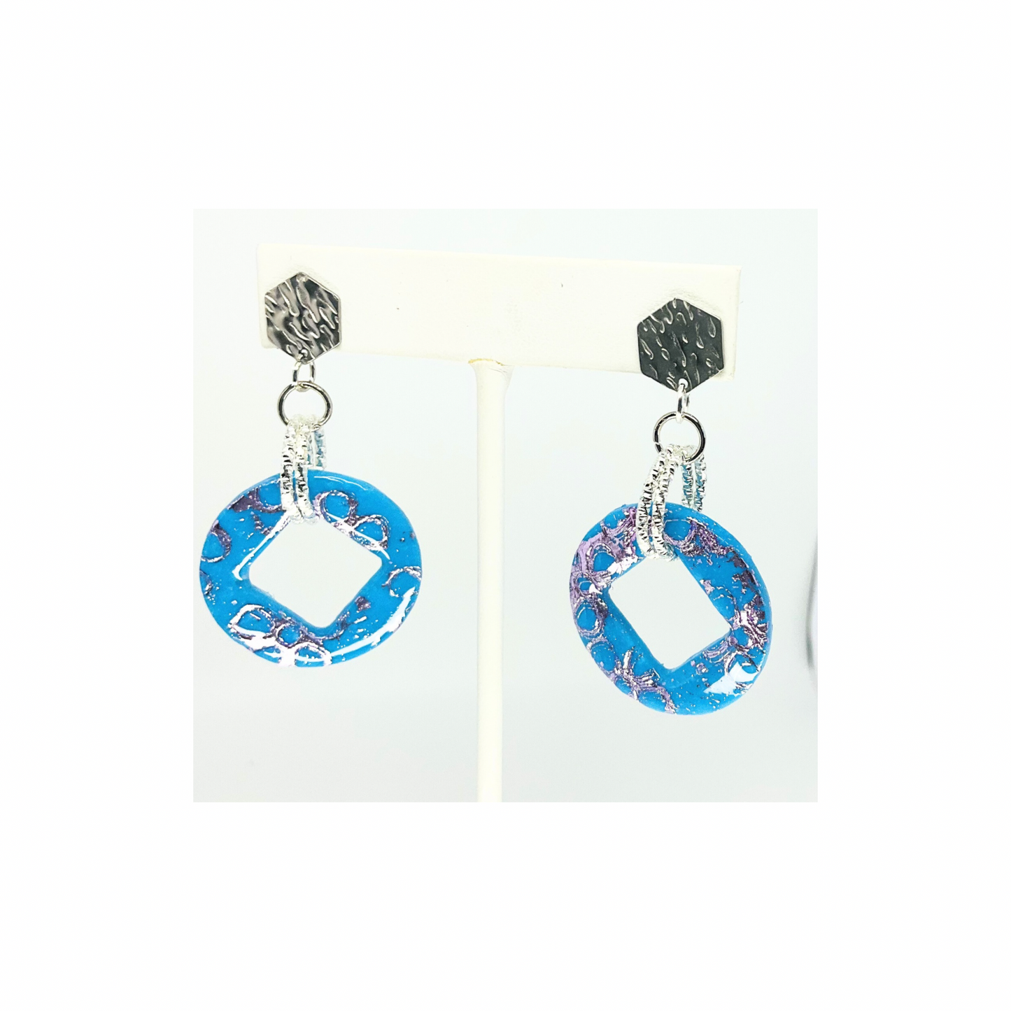 Azure Blue and Purple with Silver Hexagon Stud Dangle Earring-Crafting By BB