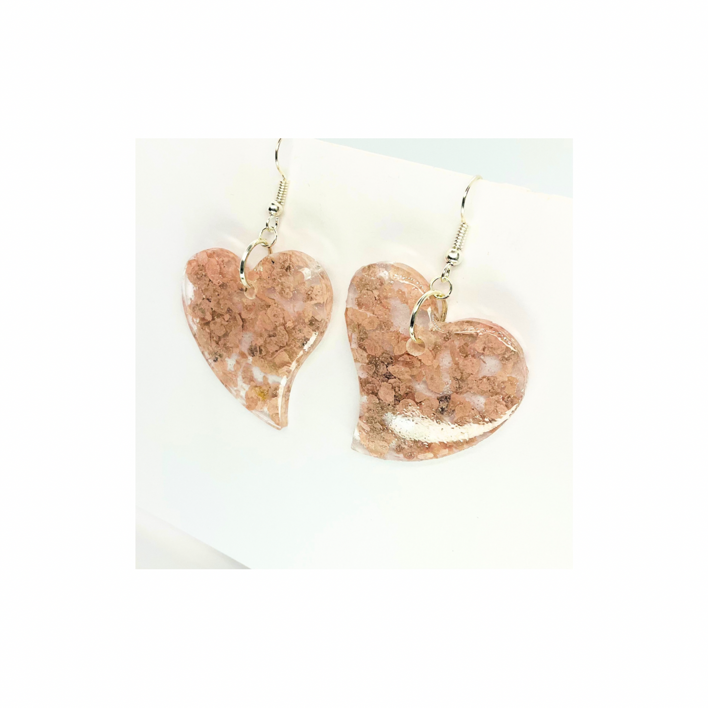 Handmade Light Pink Heart Earrings Clear Resin & Flakes Dangle Style Silver Hook Unique Handcrafted Jewelry