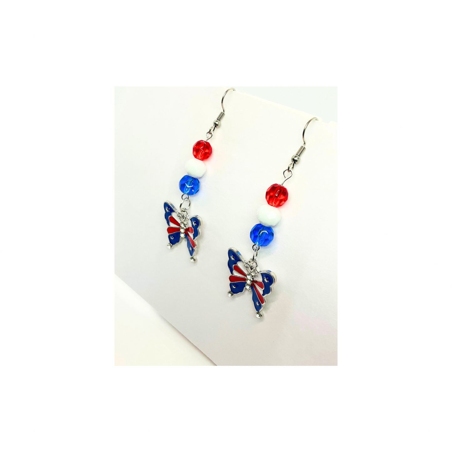 Patriotic Collection Butterfly Charm with Bead Dangle Earrings - Elegant Red White Blue Beads & Patriotic Butterfly Design for Women
