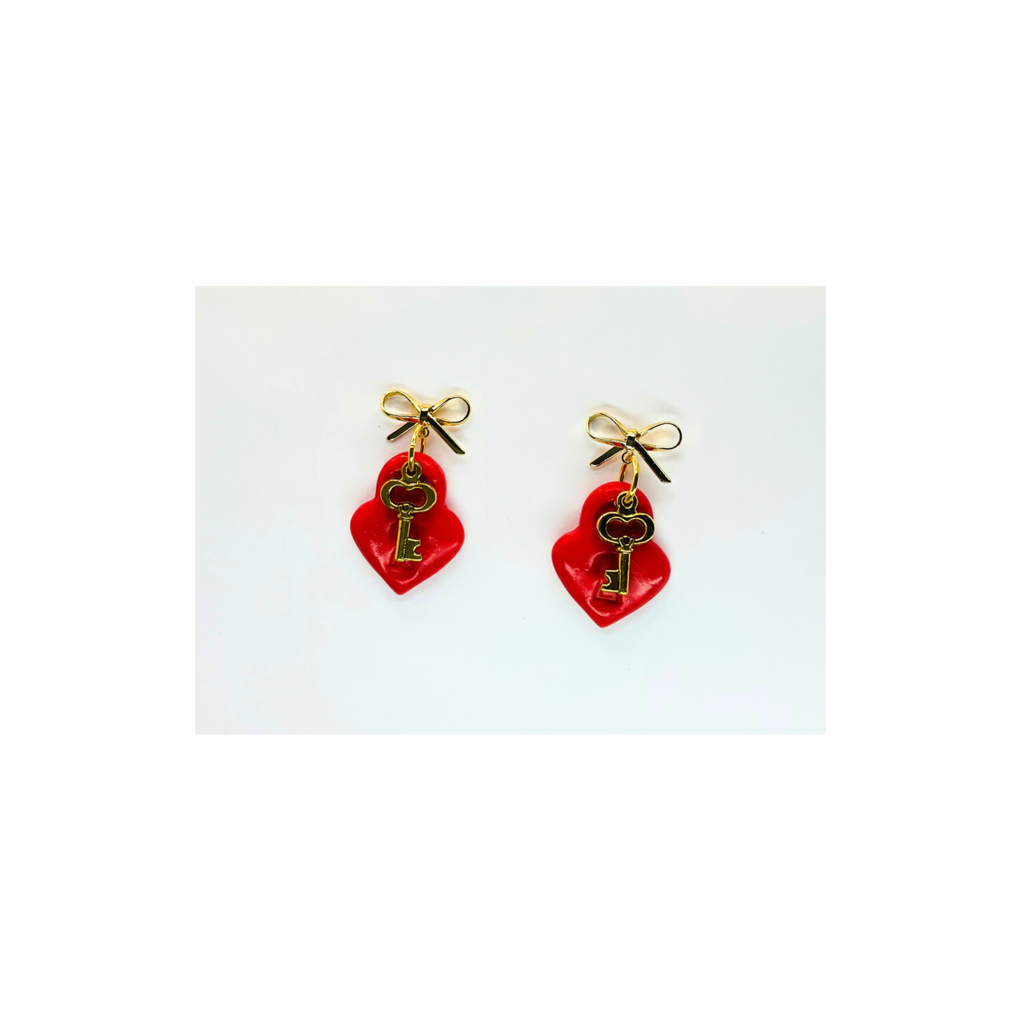 Red Heart Lock Dangle with Gild Key Charm and Bow Stud Earrings-Crafting By BB