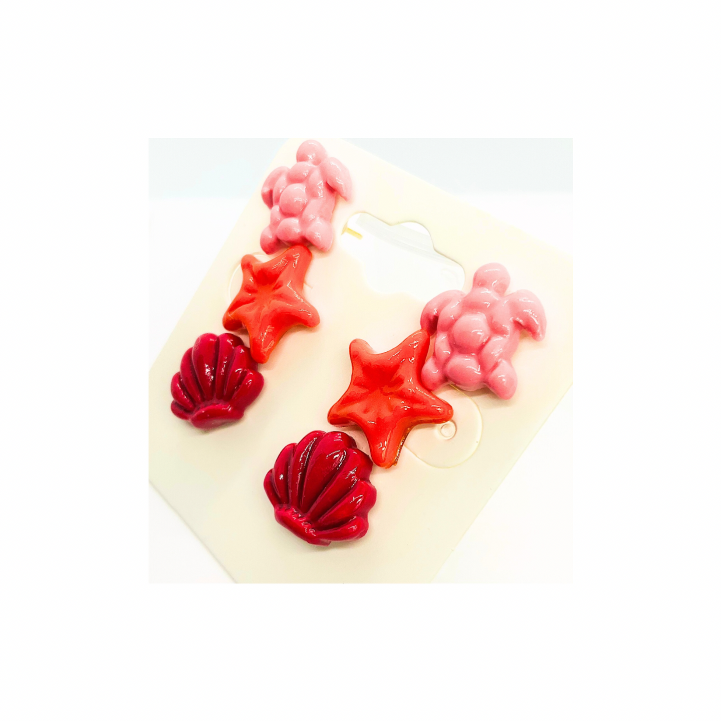 Mermaid Collection Light Pink Turtle, Orange Starfish and Dark Pink Shell Stud Earrings