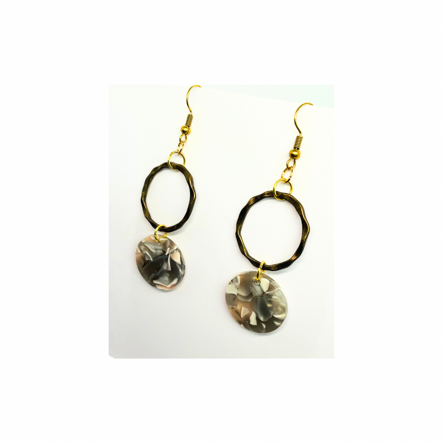 Tortoise Collection Gray and Beige Circle Gold Dangle Earring with Unique Tortoise Shell Design