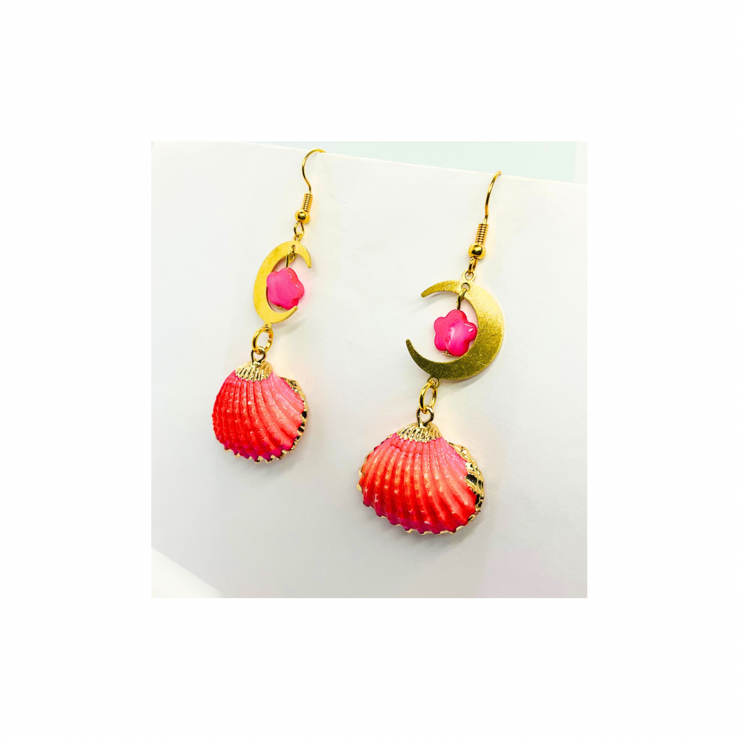 Pink Shell Collection Pink and Orange Shell with Gold Half-Moon Dangle Earrings for Women Elegant Design Versatile Appeal